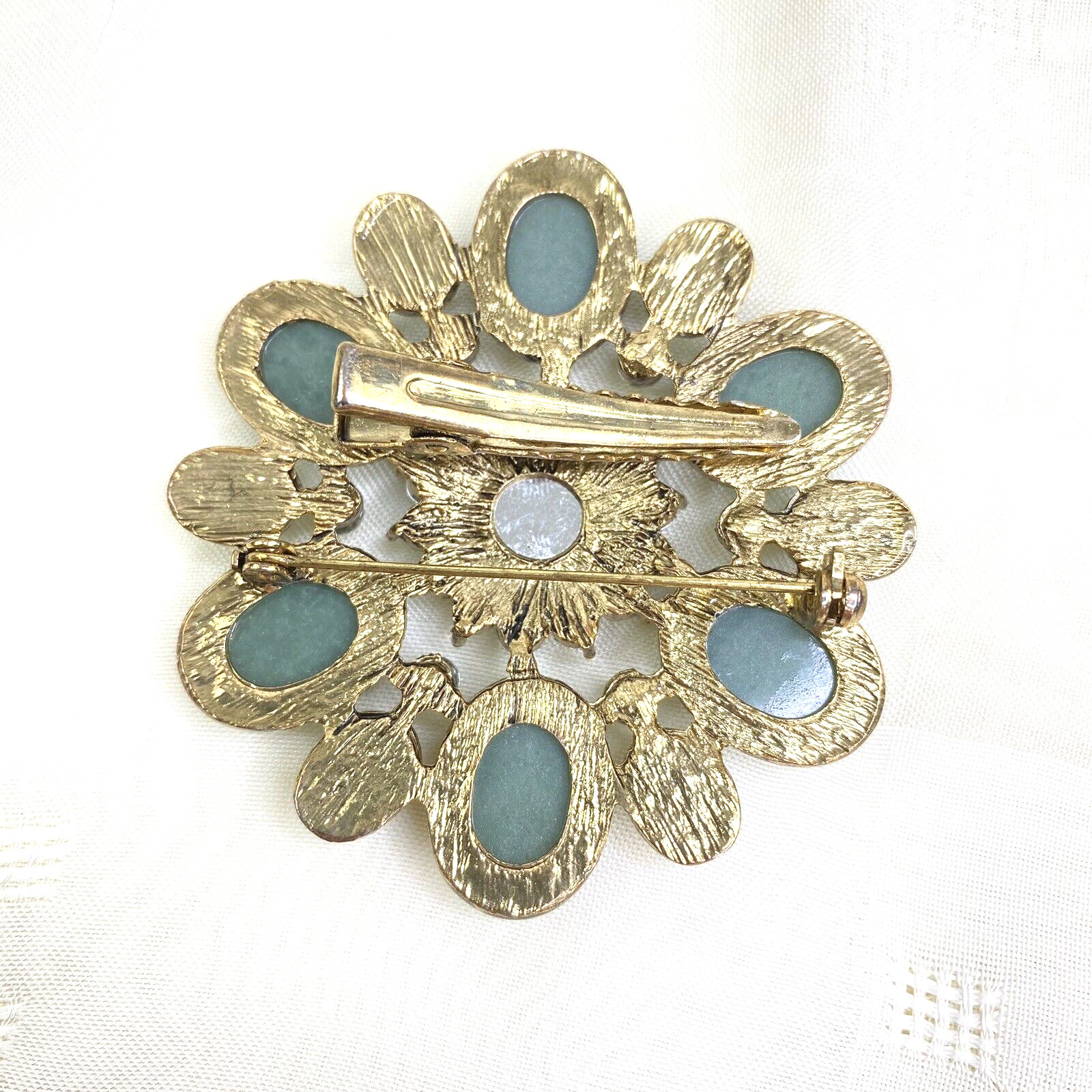 Green Ovals Rhinestones Around Multi-Faceted Amber Center Pin Brooch Hat Hair
