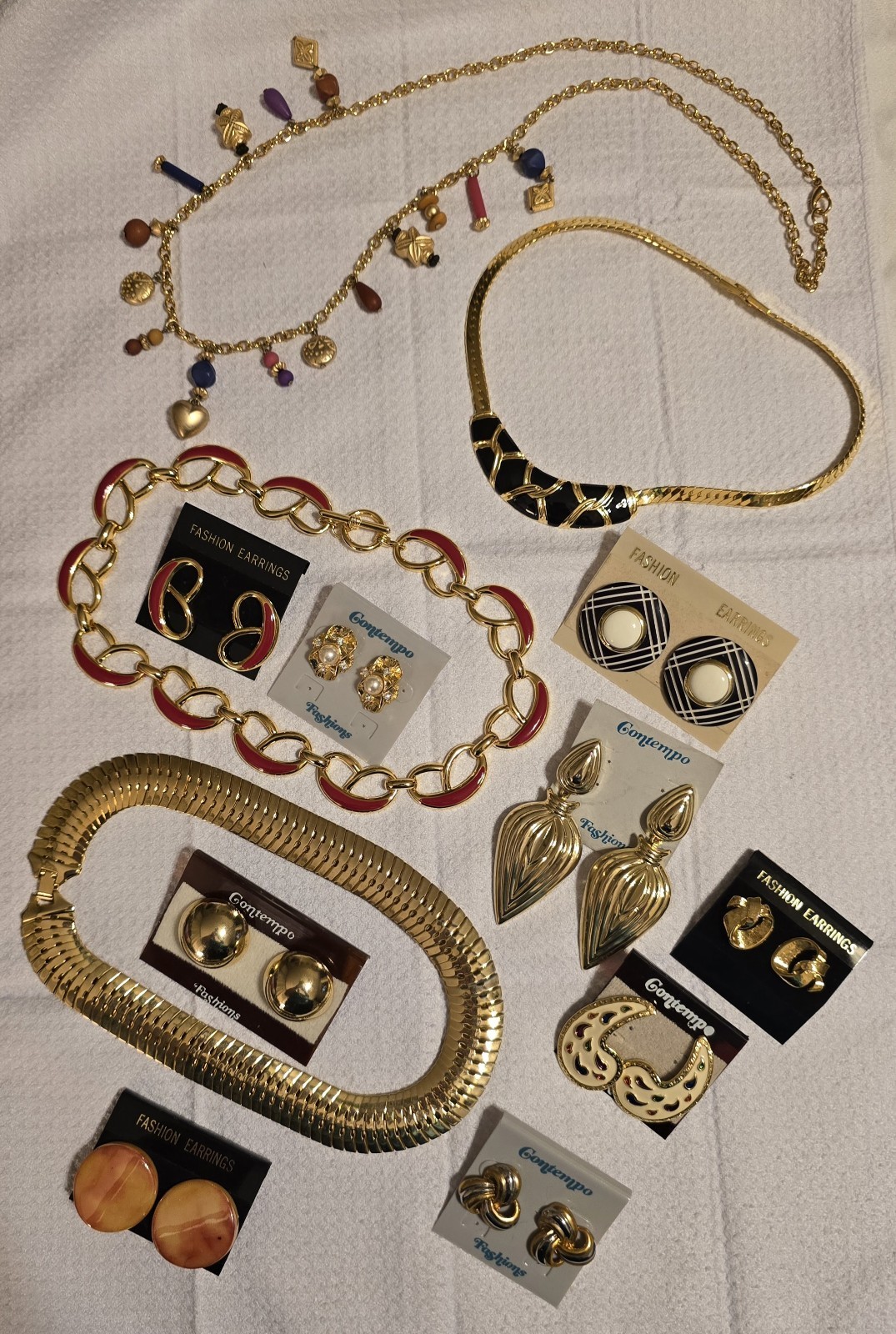 Contempo Fashions Lot 4 Necklaces, 9 Earrings, 1980s Vintage Retro Jewelry, NOS