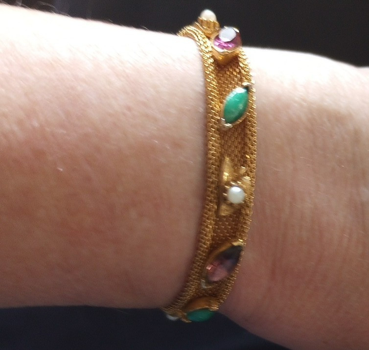 Vtg Signed FLORENZA Gold Tone Mesh Bracelet, Green & Purple Stones & Faux Pearls