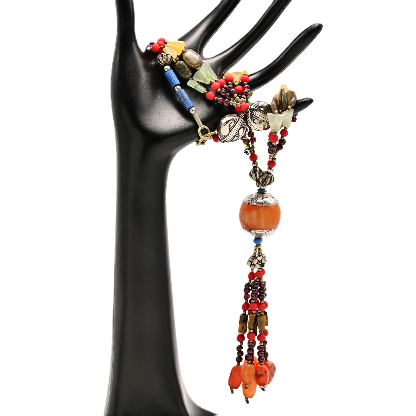 Vintage Original Sterling Silver Tribal Multi Gemstone Pendant Estate Necklace