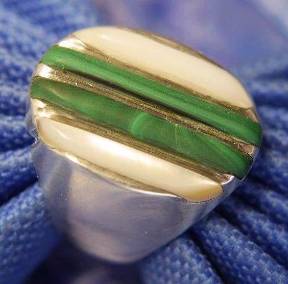 Men’s Vintage 3/4″ Mom of Pearl Malachite Sterling Silver 0.925 band Ring size 9