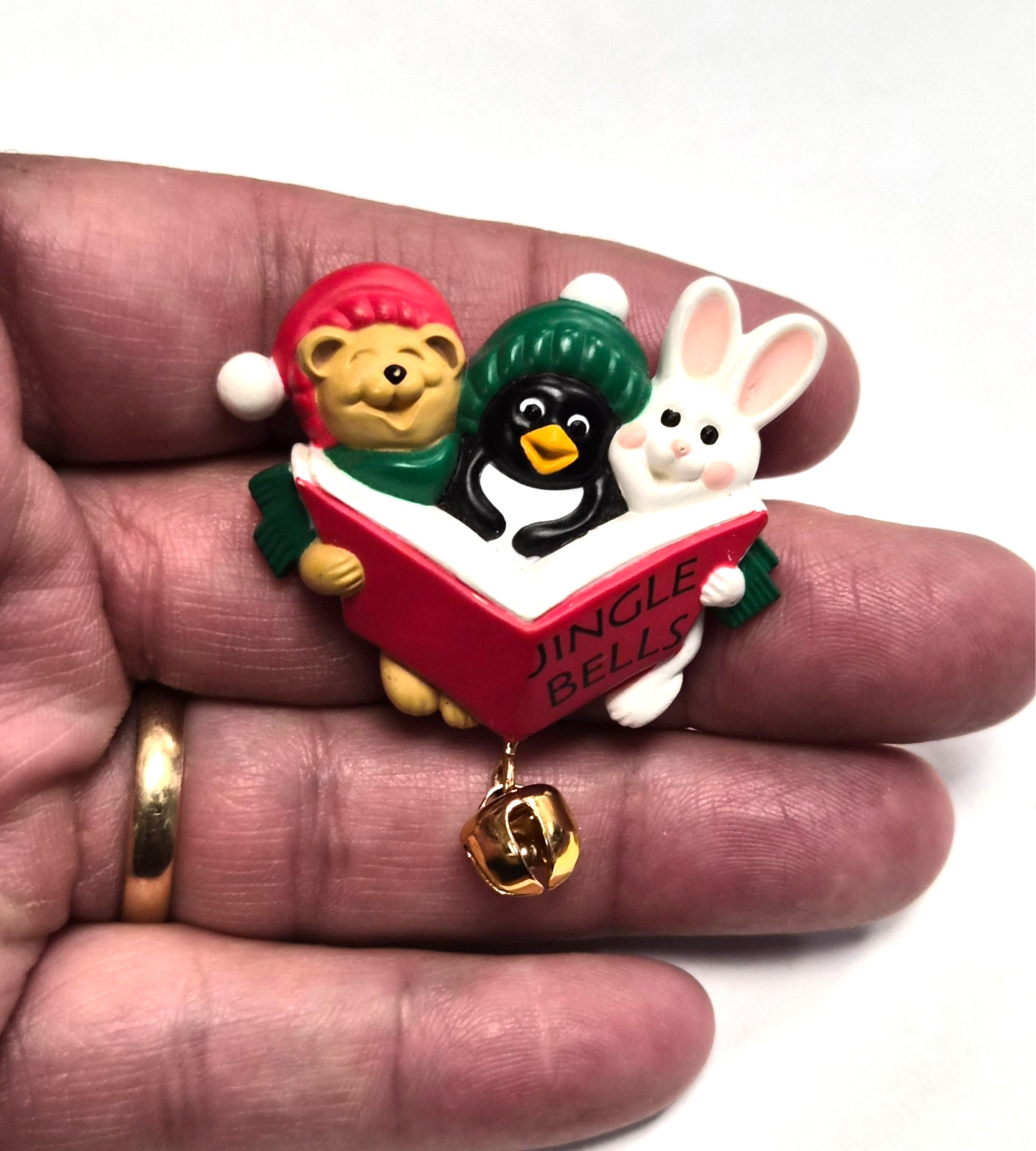 Vintage 90’s Hallmark Cards Christmas Carolers Bear Penguin Rabbit Pin / Brooch