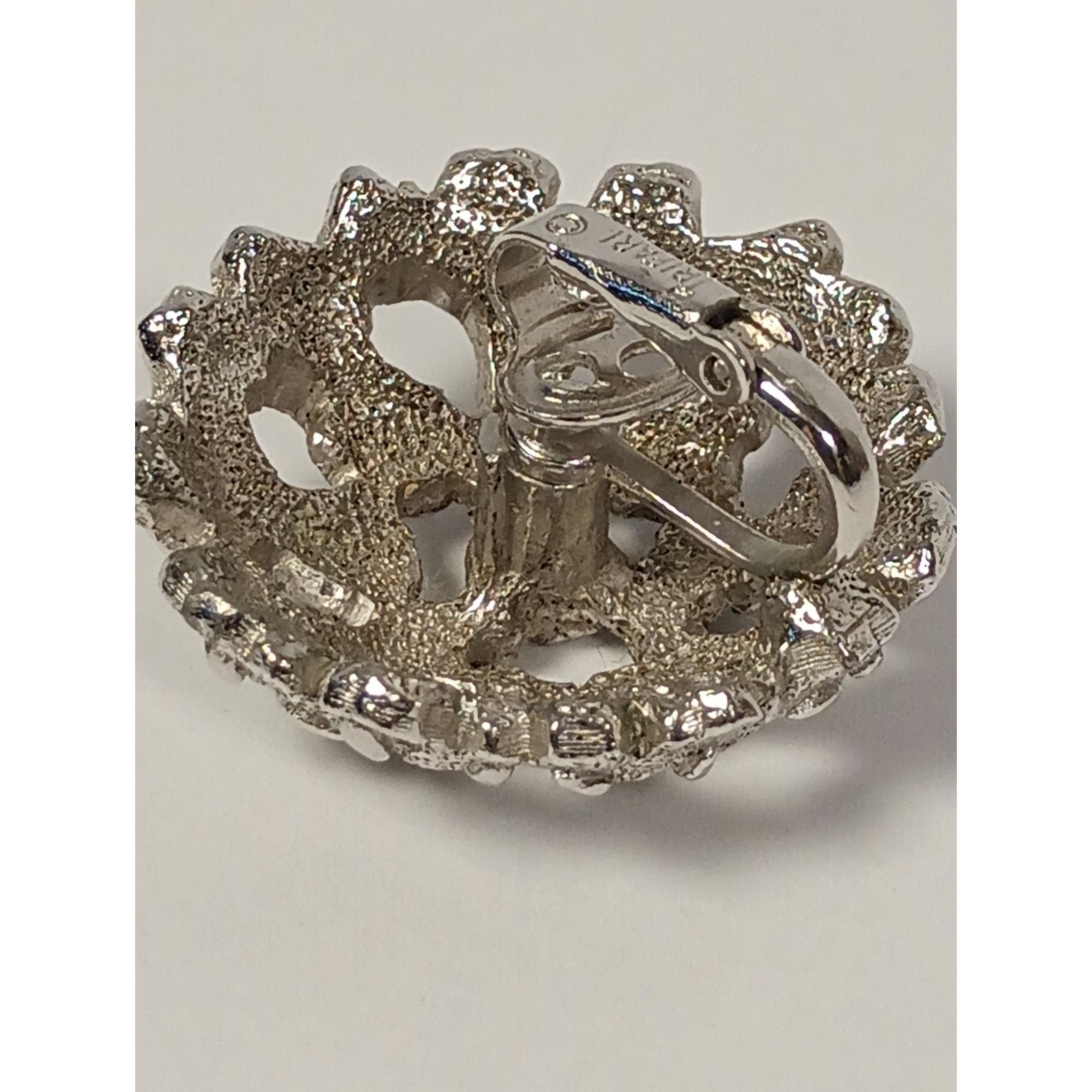 Vintage Crown Trifari ClipOn Earrings Textured Openwork Silver Tone Dome 50s,60s