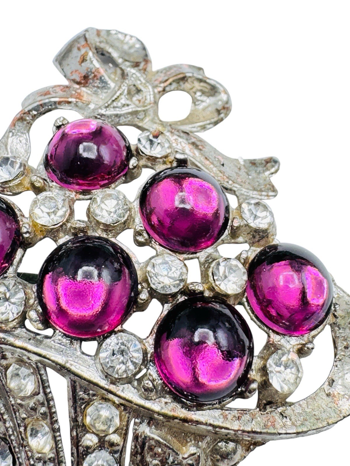 Vintage Coro? Purple Glass Cabochon Rhinestone Flower Basket Brooch c1940s