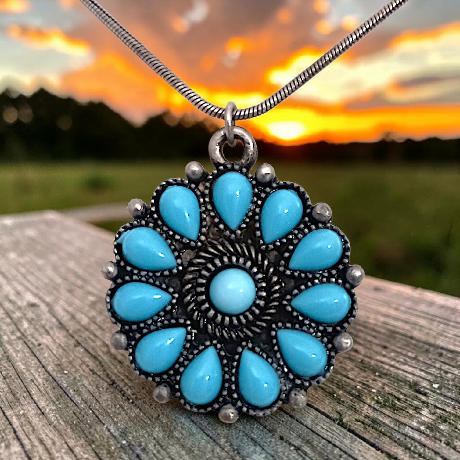 Robert Rose Pendant Faux Turquoise Necklace Antique Silver Tone Southwestern
