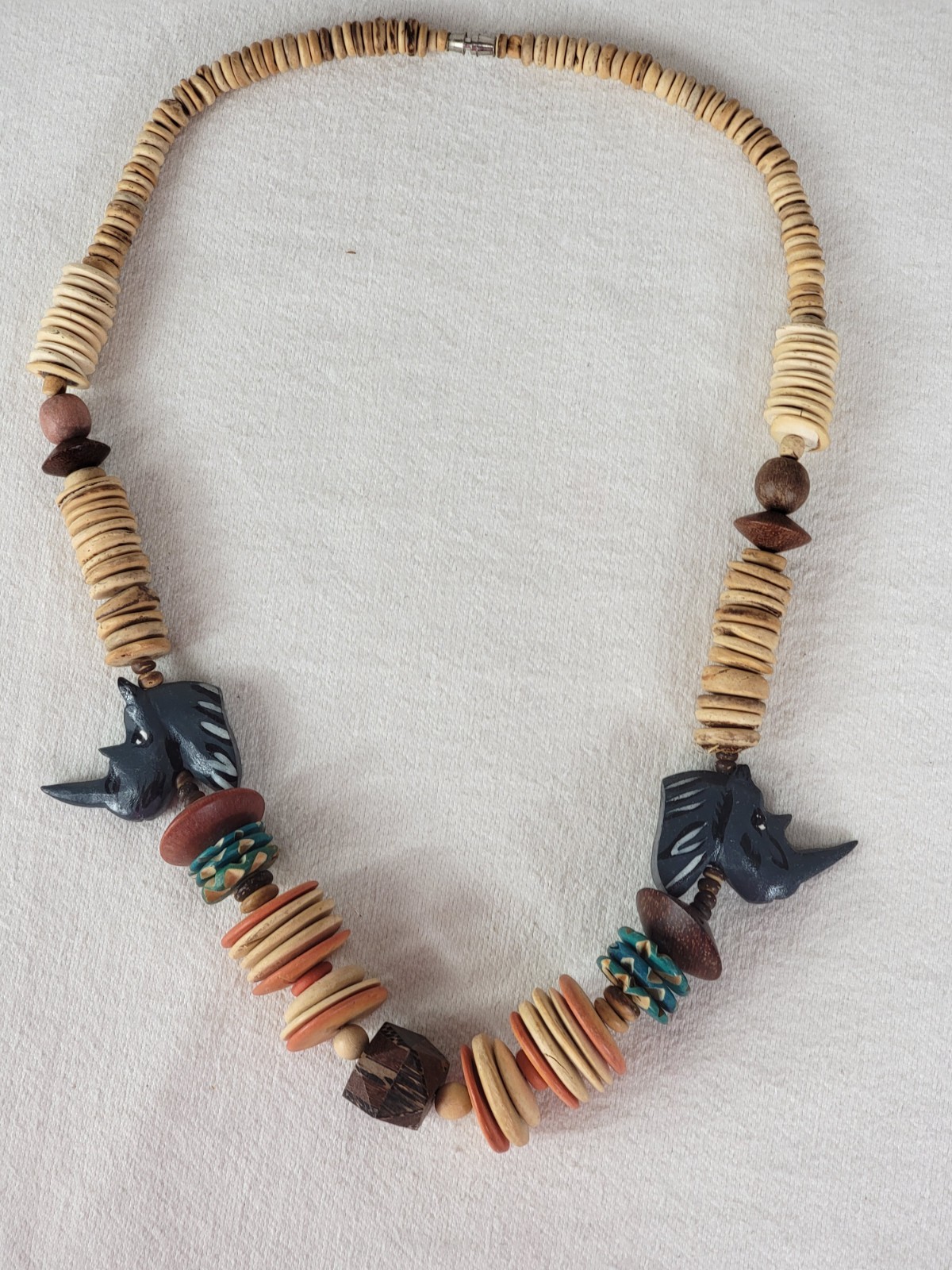 2 Vtg African Carved Wood Safari Necklaces Elephant Rhino Shell Discs Beads Boho