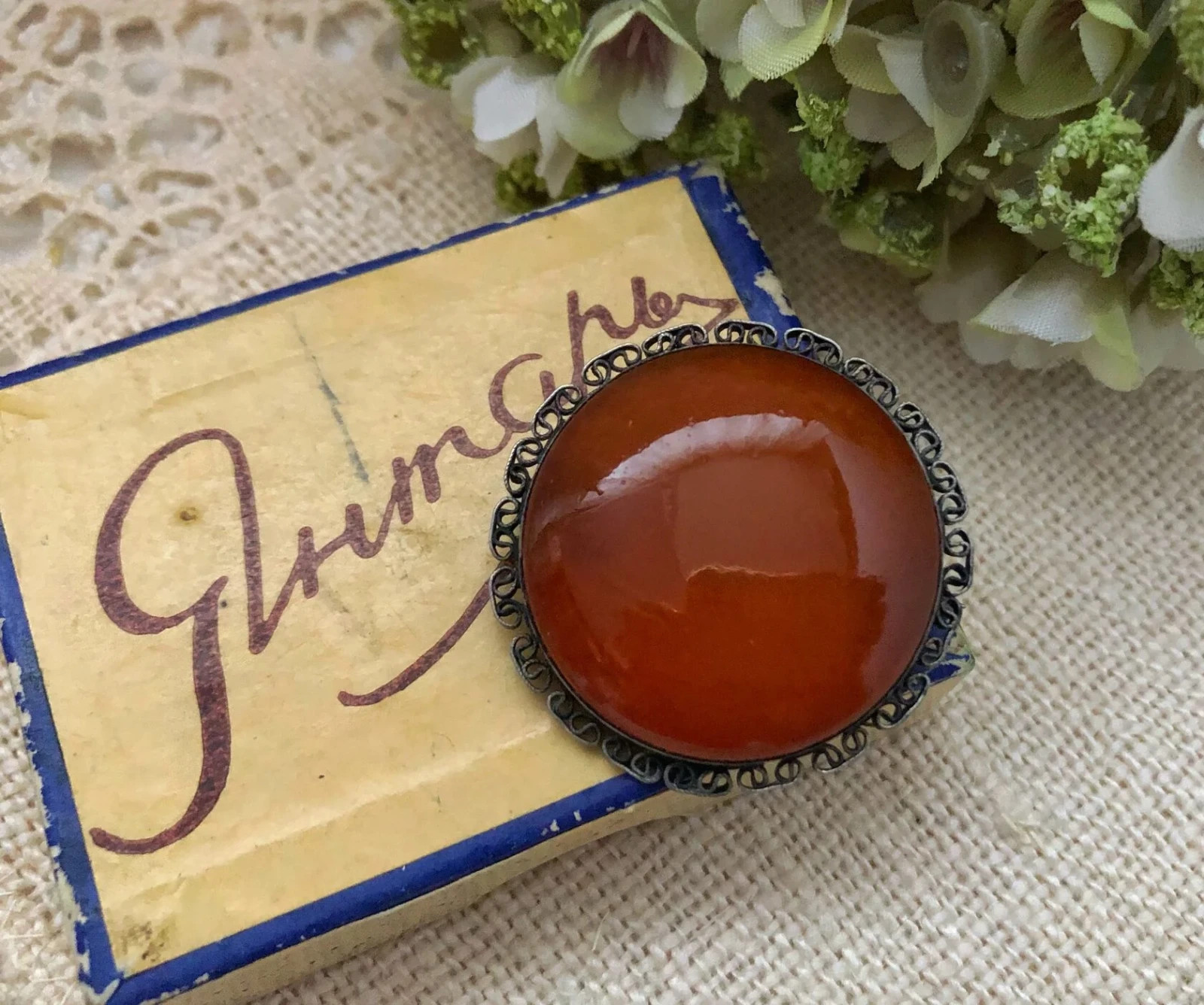 Estate Jewelry Rare Soviet Vintage Brooch Sterling Silver 875 Amber Stone USSR