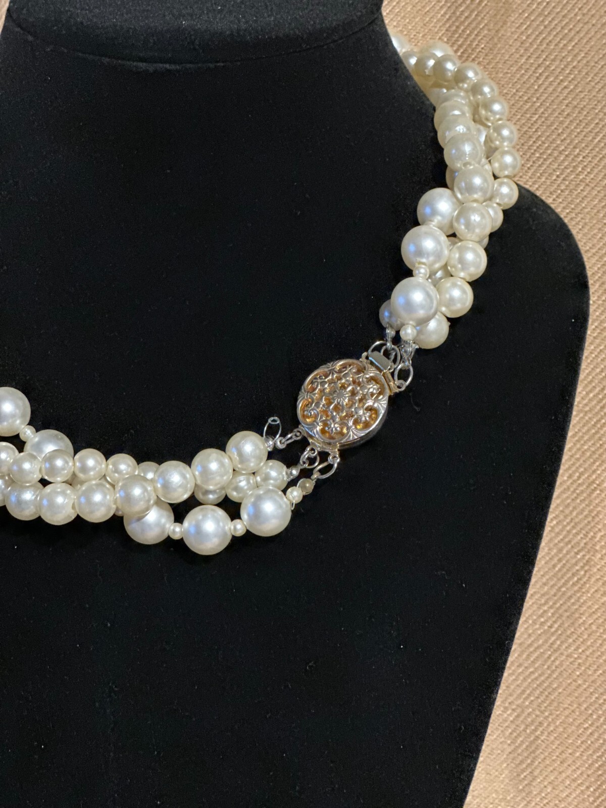 Vintage white plastic round beads necklace. 3 strands.