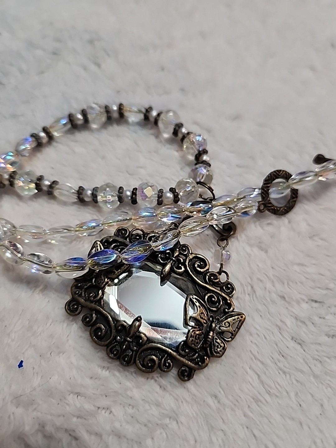 Fairycore Beaded Necklace w/ Mirror Pendant Bronze Color Plastic Beads
