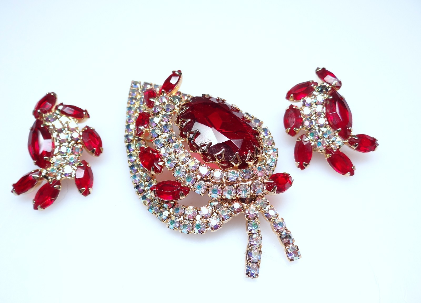 Juliana Red Marquis Aurora Borealis Rhinestone Parure Pin Earrings Set