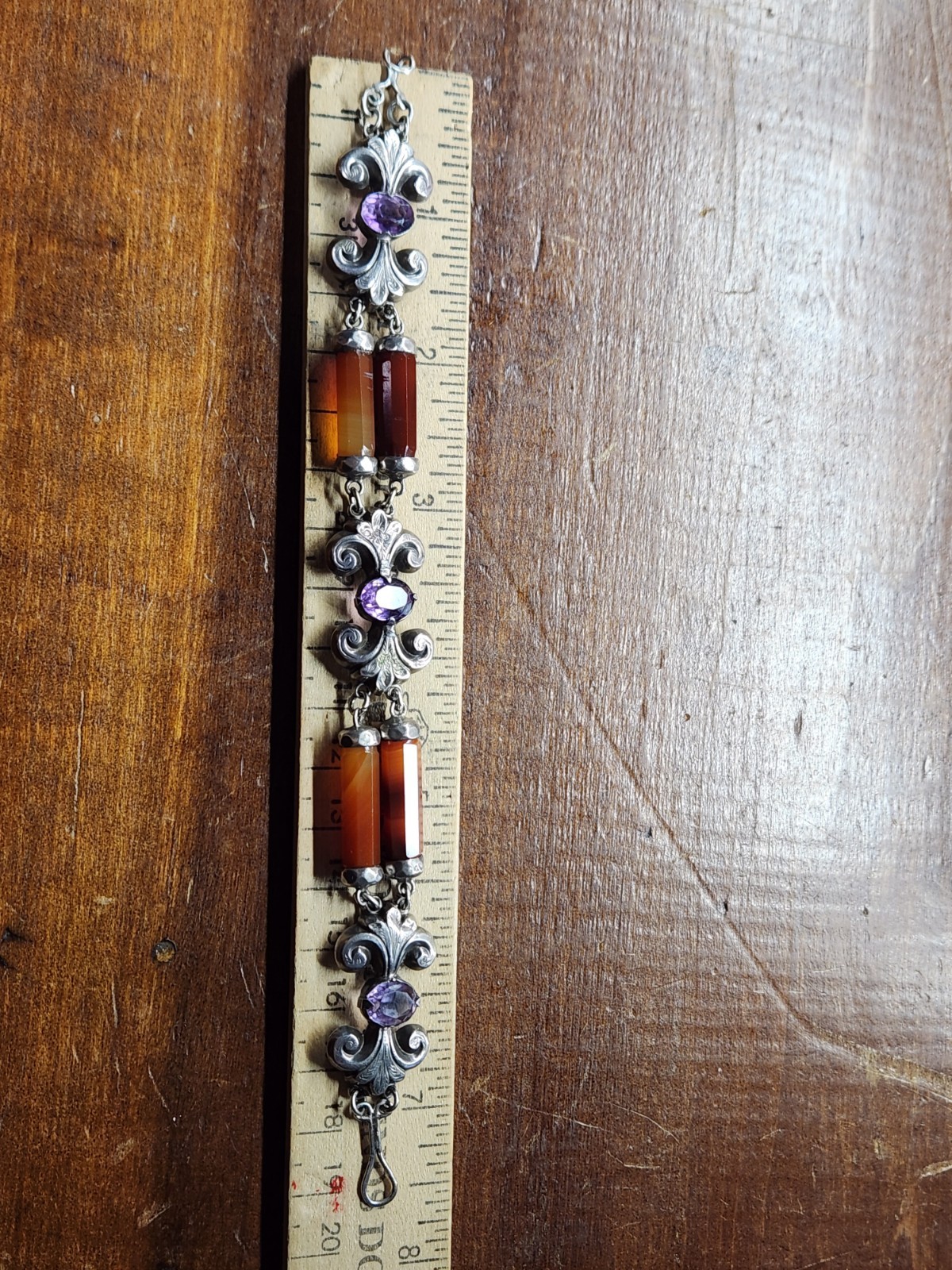 VINTAGE ANTIQUE SILVER SCOTTISH AGATE & AMETHYST BRACELET HOOK CLASP
