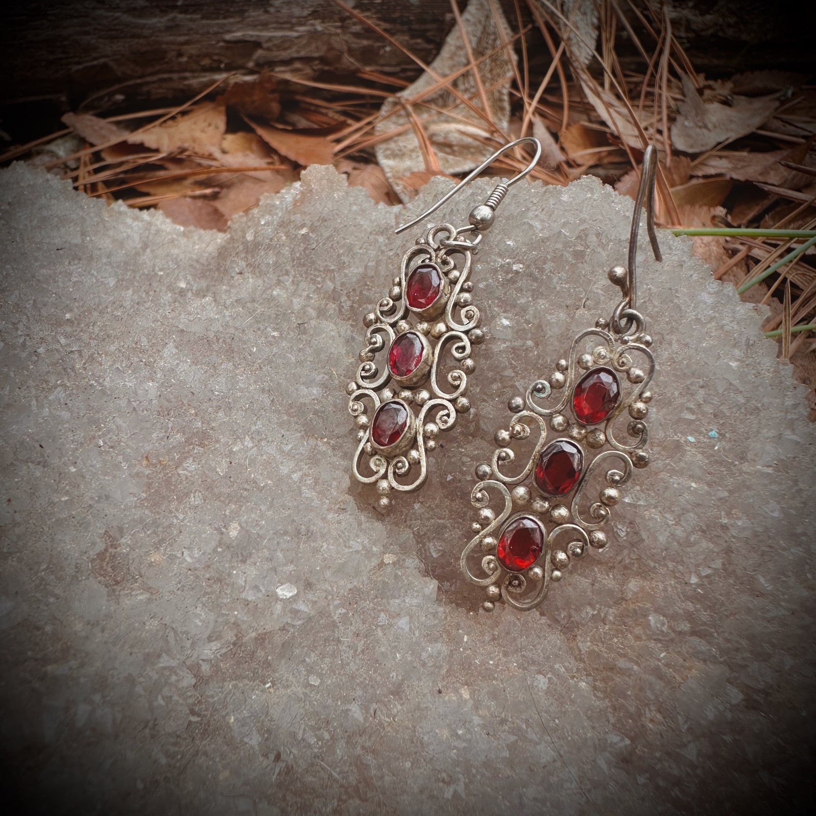 Vintage Sterling Silver 925 Dangle & Filagree Earrings With Red Colored Stone