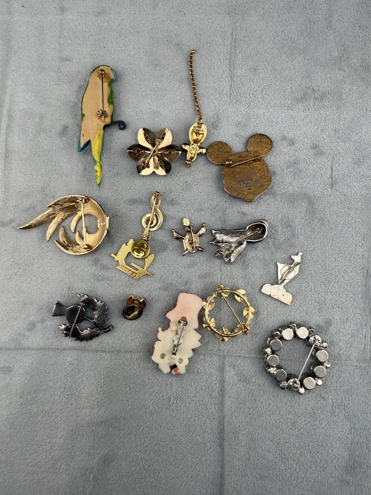 Vintage Brooch Lot Mickey Mouse Bird Flower Drummer Boy Lady Bug