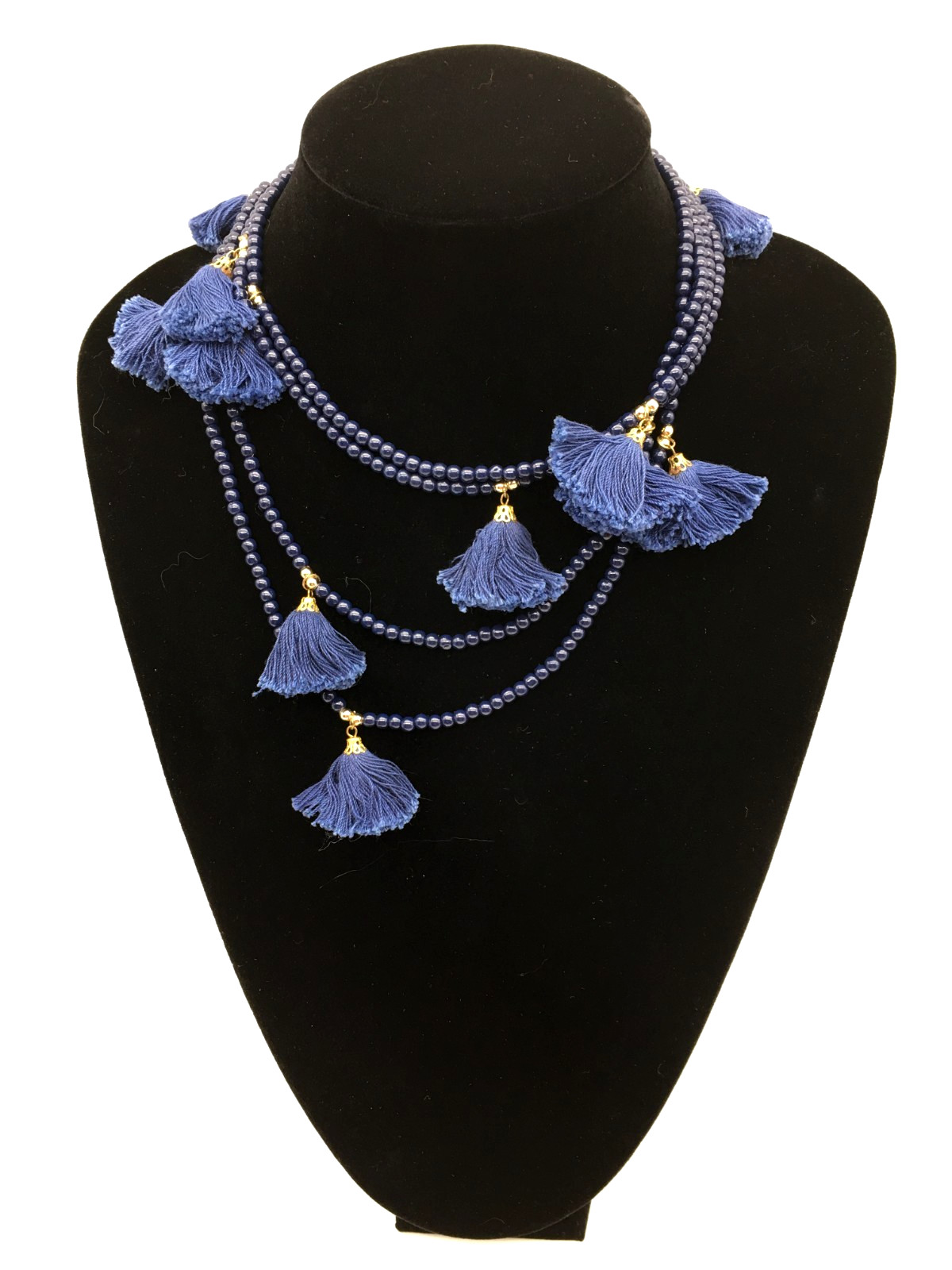 India Handmade Navy Glass Bead Cotton Thread Tassle GoldTone Spacer 80″ Necklace