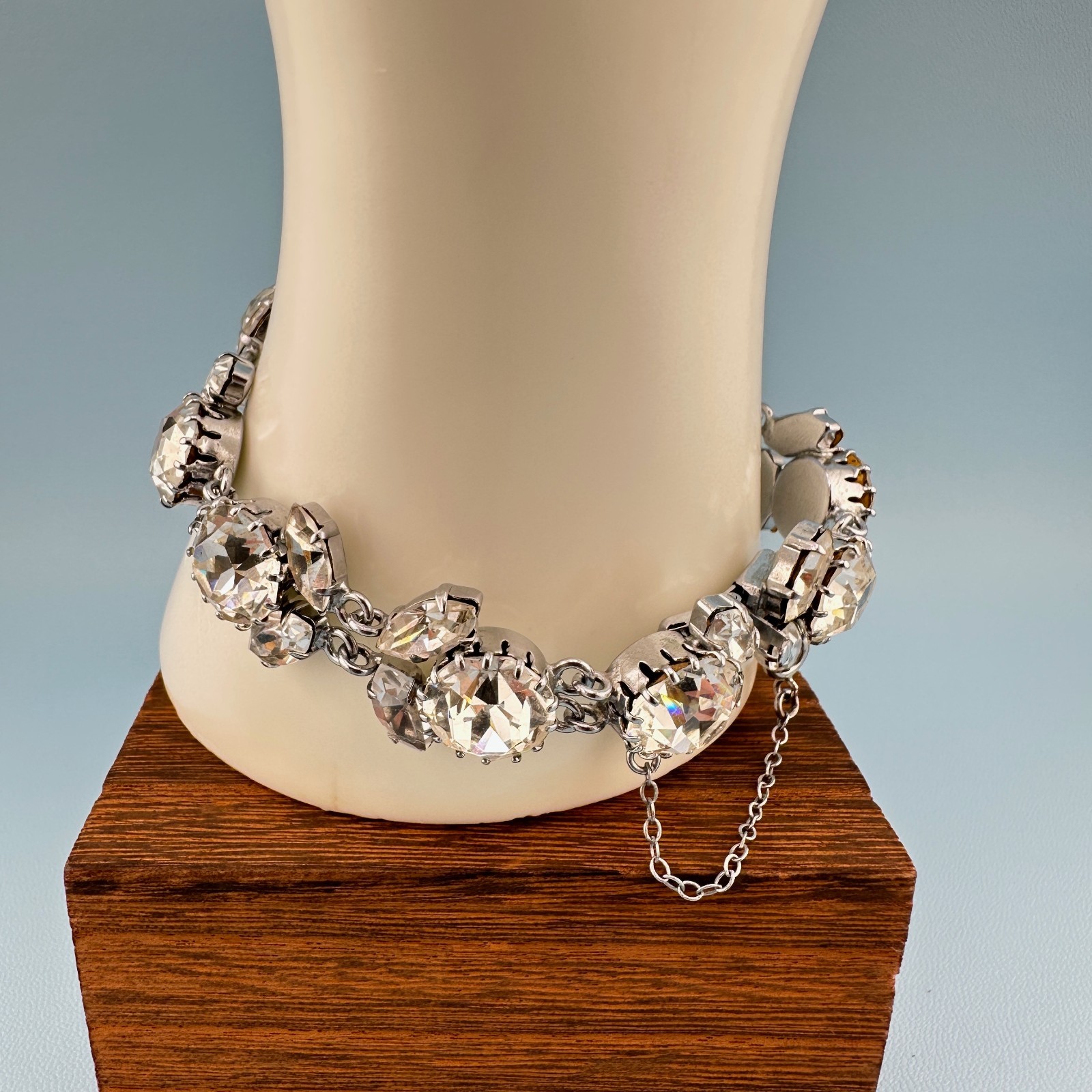 Vintage Austria Crystal Bracelet LG Dentelle Prong Set Silver Tone Safety Chain
