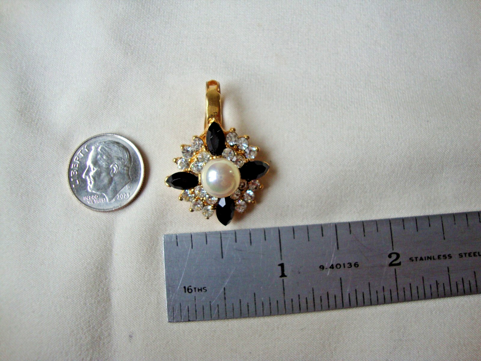 Vintage Fashion Jewelry Faux Pearl Black Marquise & Clear Rhinestone Pendant