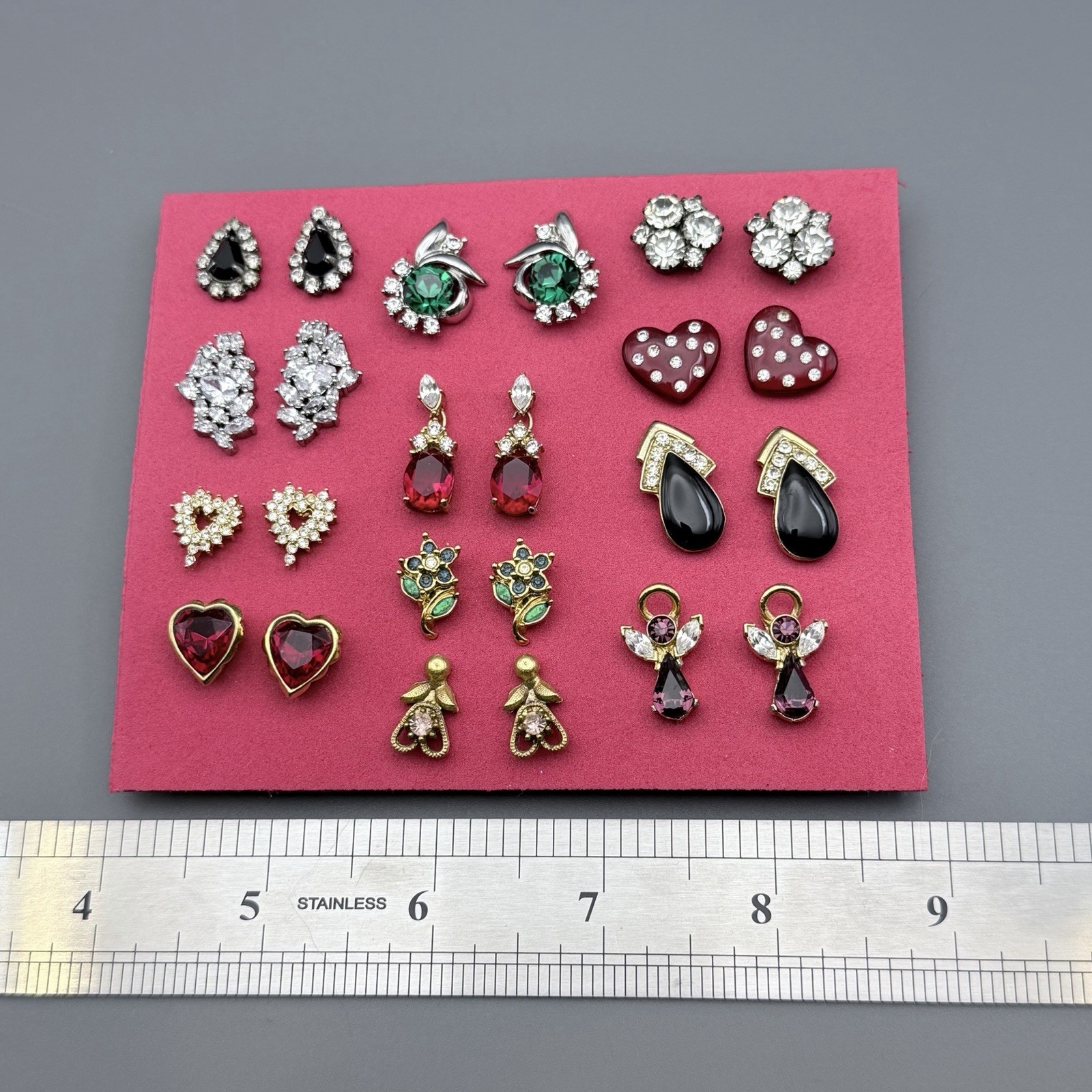 Vintage Small Rhinestone Post Earrings Lot Of 12 Floral Hearts Red Green Clear