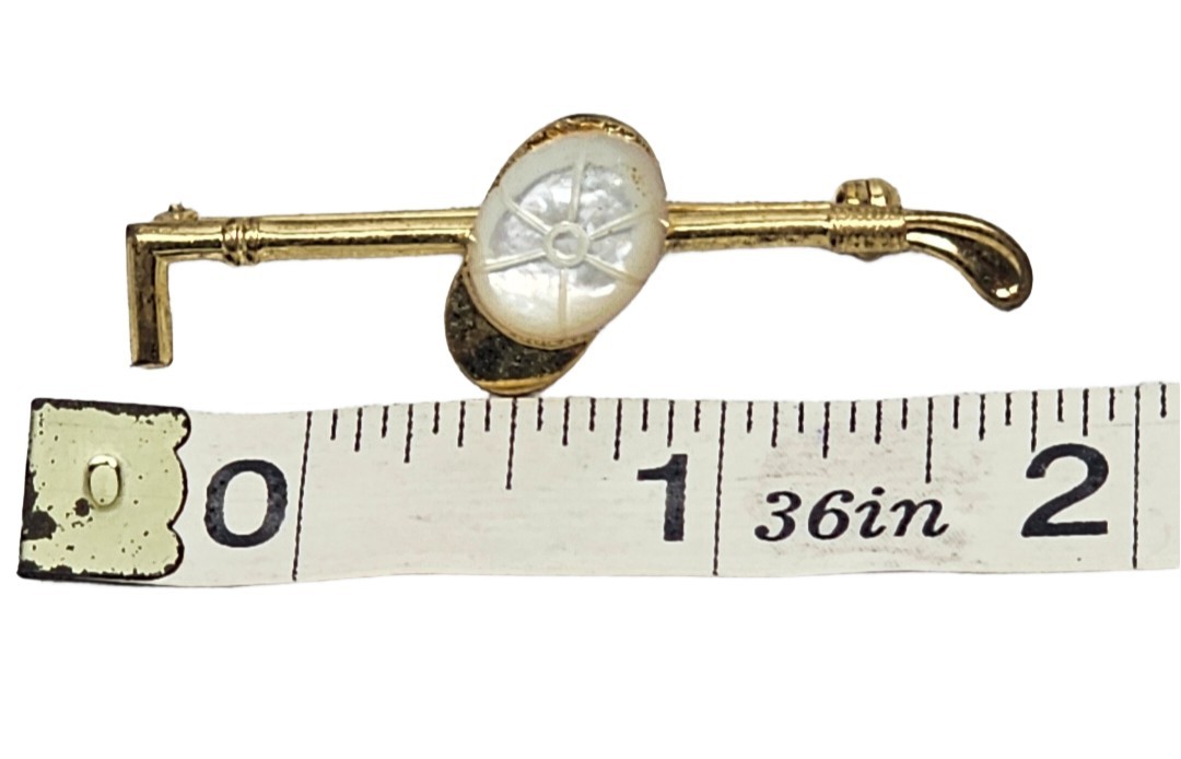 Vintage Gold Tone Golf Club & Hat Pin Brooch Iron Putter MOP Style Golfing Gift