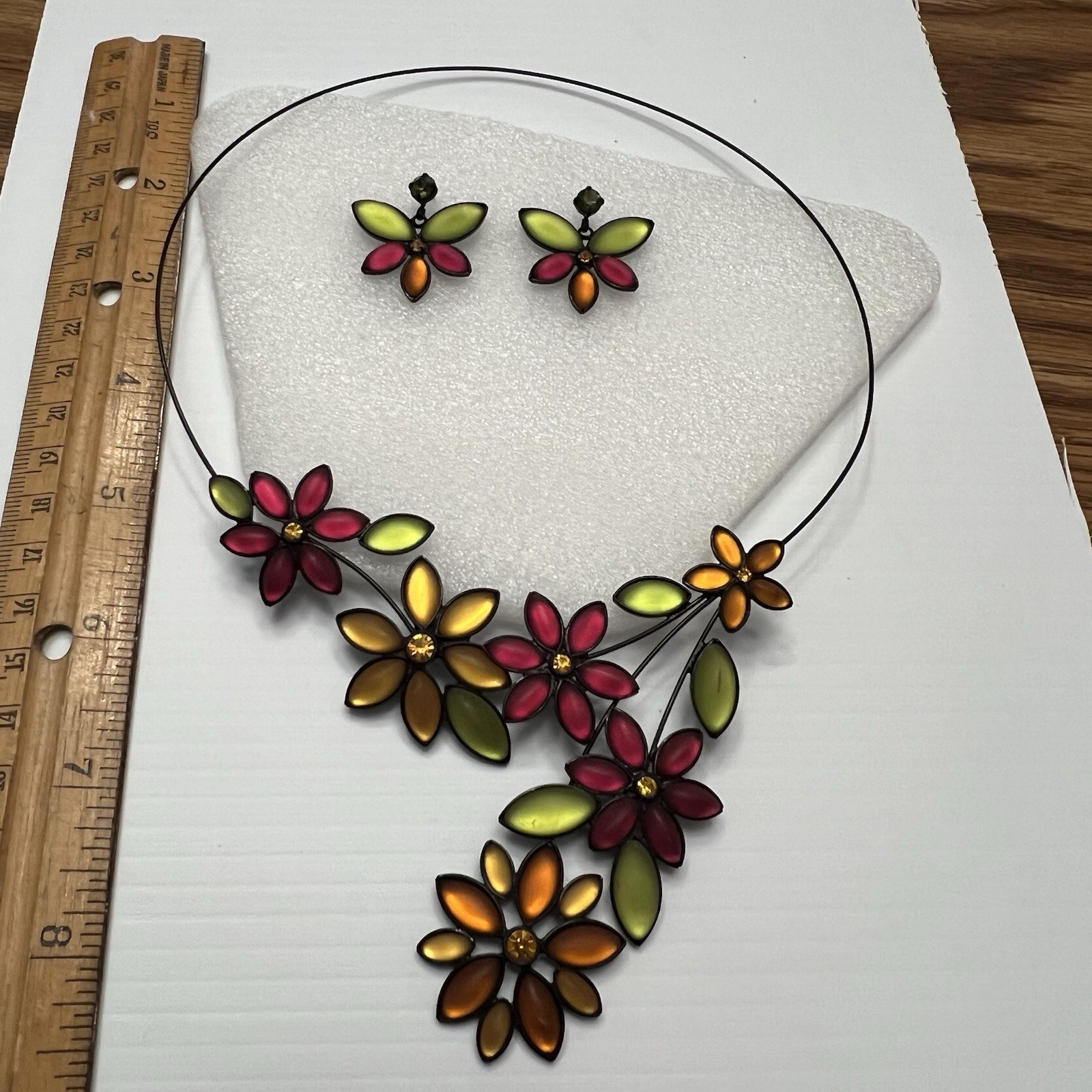 Vtg Set Black Shaped Wire Burgundy Olive Lemon Orange Stone Neck Choker Earring