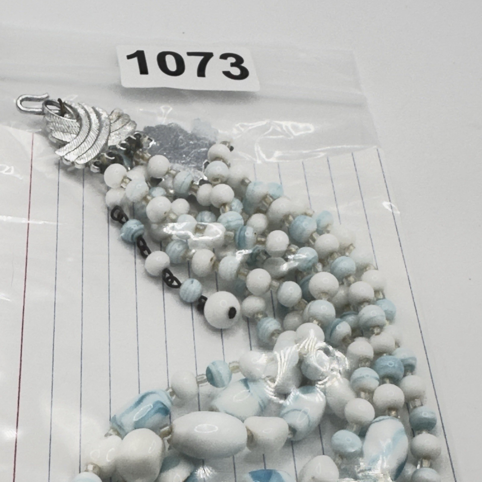 Vintage Multi 4 Strand Necklace Blue White Art Glass Beaded 17″ Choker Bib Japan