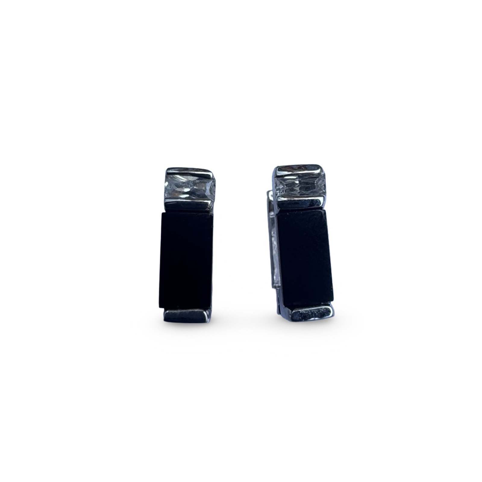Onyx Sterling Silver Square Huggie Vintage Earrings