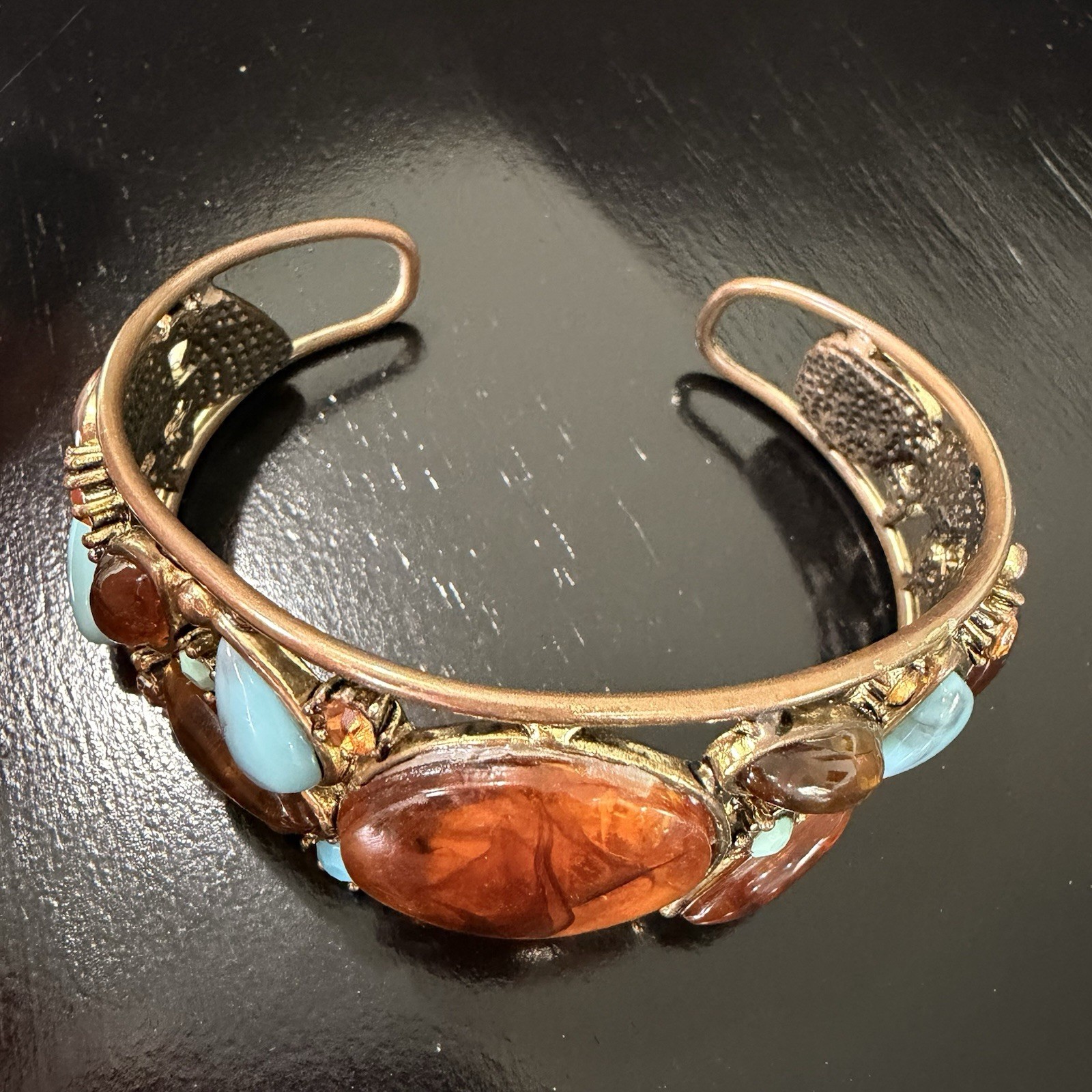 Vintage Amber Lucite Cabochon Cuff Bracelet Turquoise Glass Boho Statement 8in
