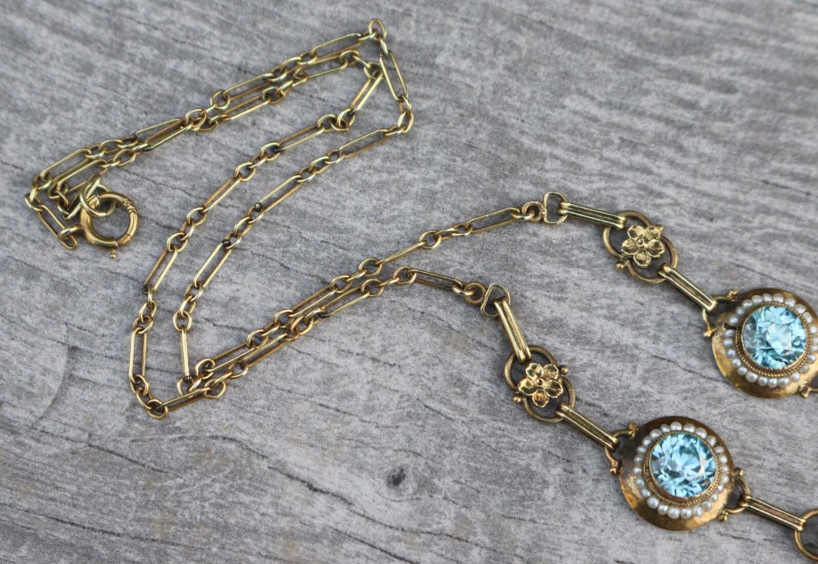 Antique Edwardian 14K Gold Round Vivid Blue Zircons with Seed Pearls Necklace