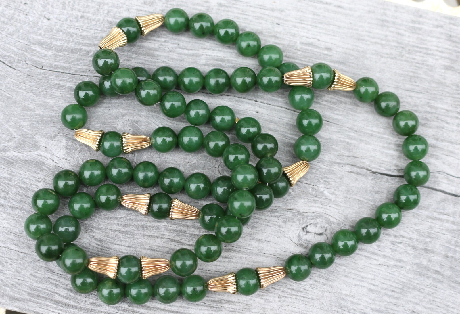 VTG 10mm Natural Nephrite Jade & Gold Plated Spacer Long Necklace 35″ 129.5g