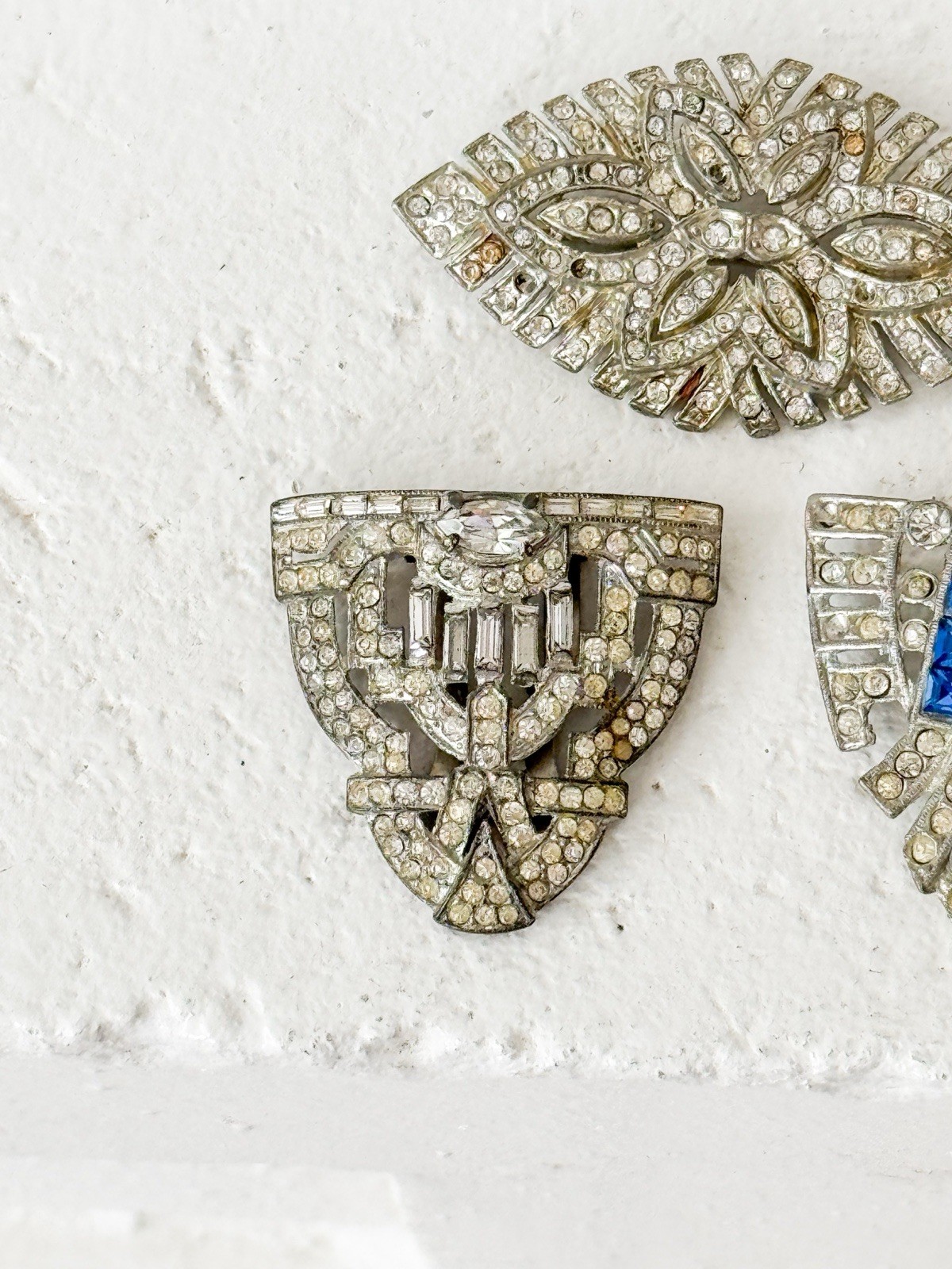 Lot 3 Antique At Deco Rhinestone Dress Clip & Brooch 1930s Estate Jewelry