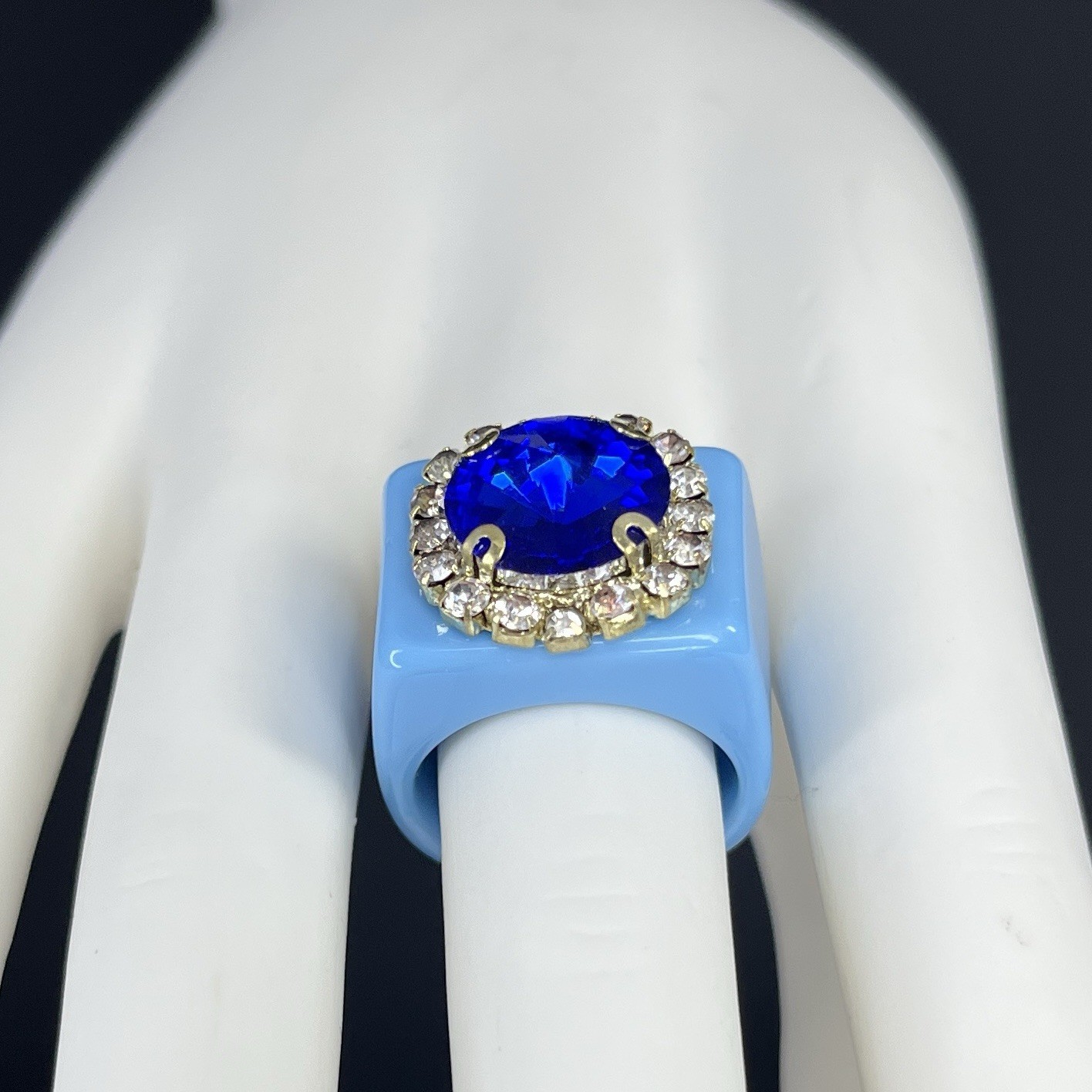 Chunky Lucite Ring Blue Rhinestone Size 7.5 Statement Retro