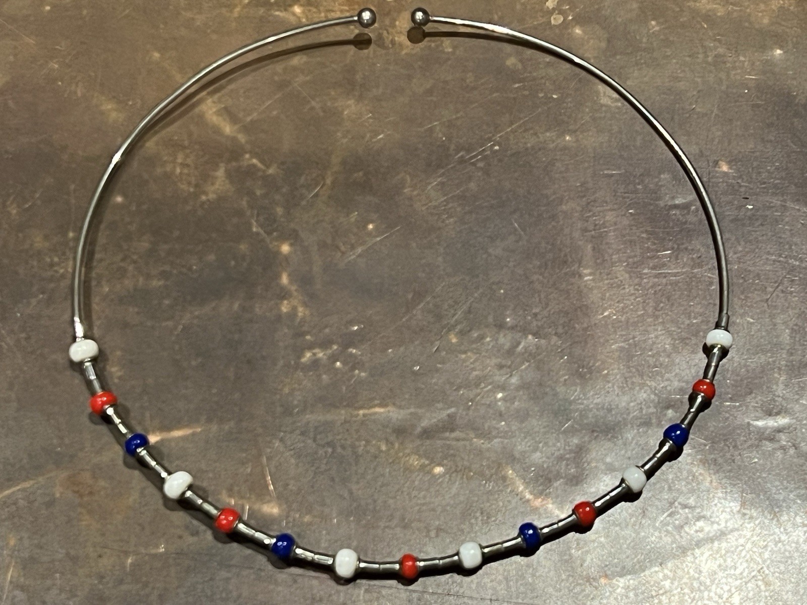 Vintage Pattern of Red White and Blue Beads On A Silver Wire Choker Necklace