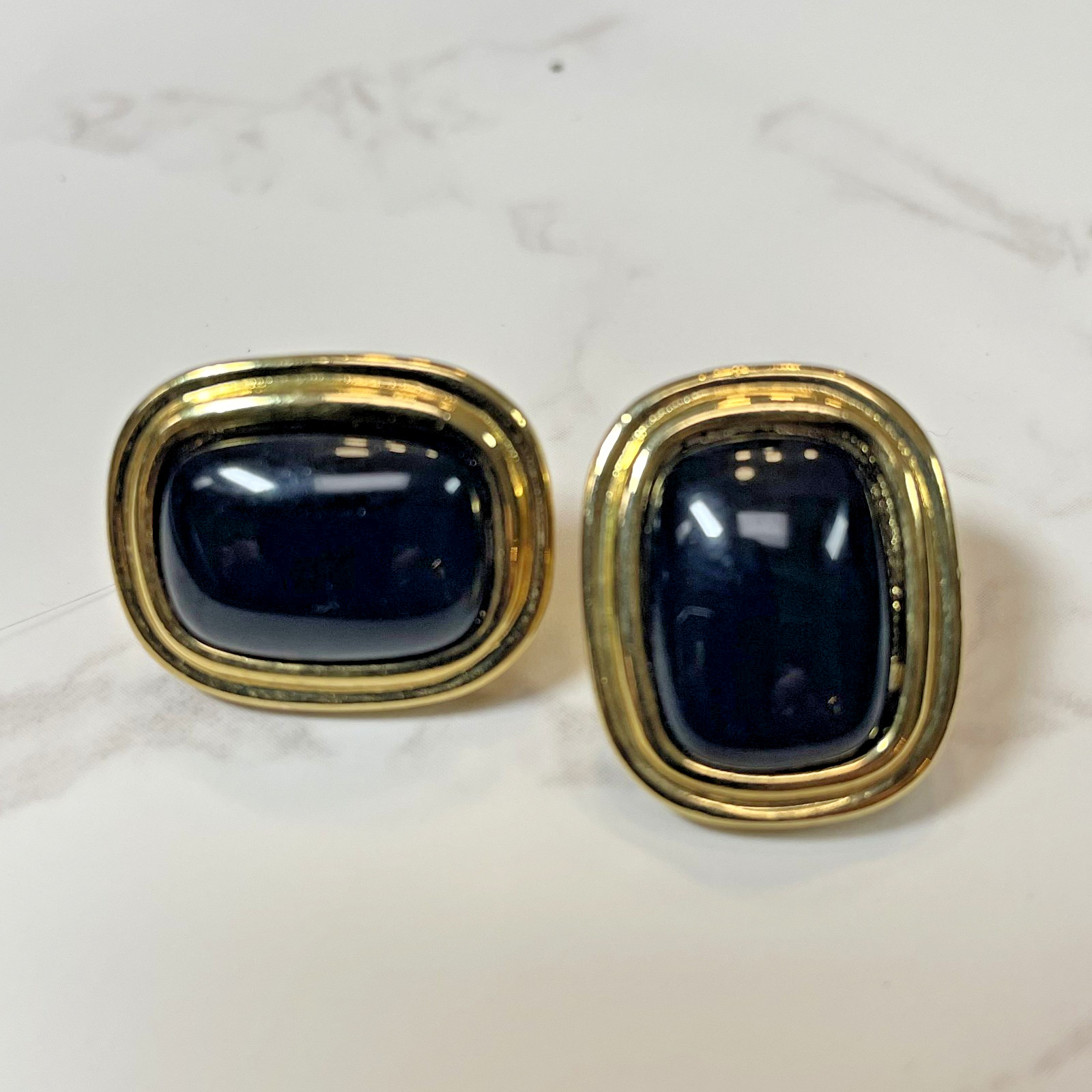 Vintage Trifari Signed Gold Tone & Black Onyx Designer Square Oval Earrings