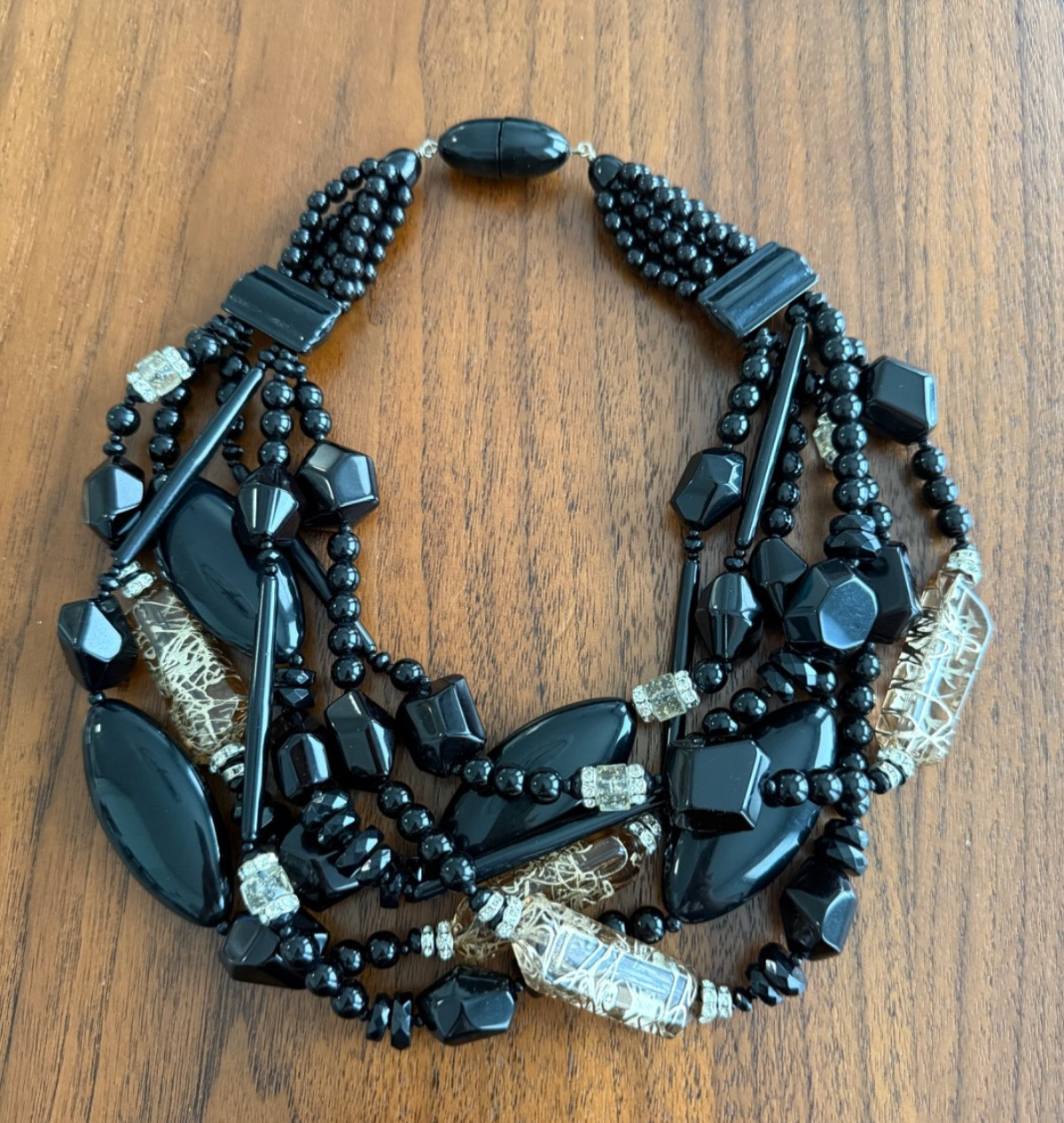 Angela Caputi Black & Clear Taupe Resin & Rhinestone Statement Necklace 21”