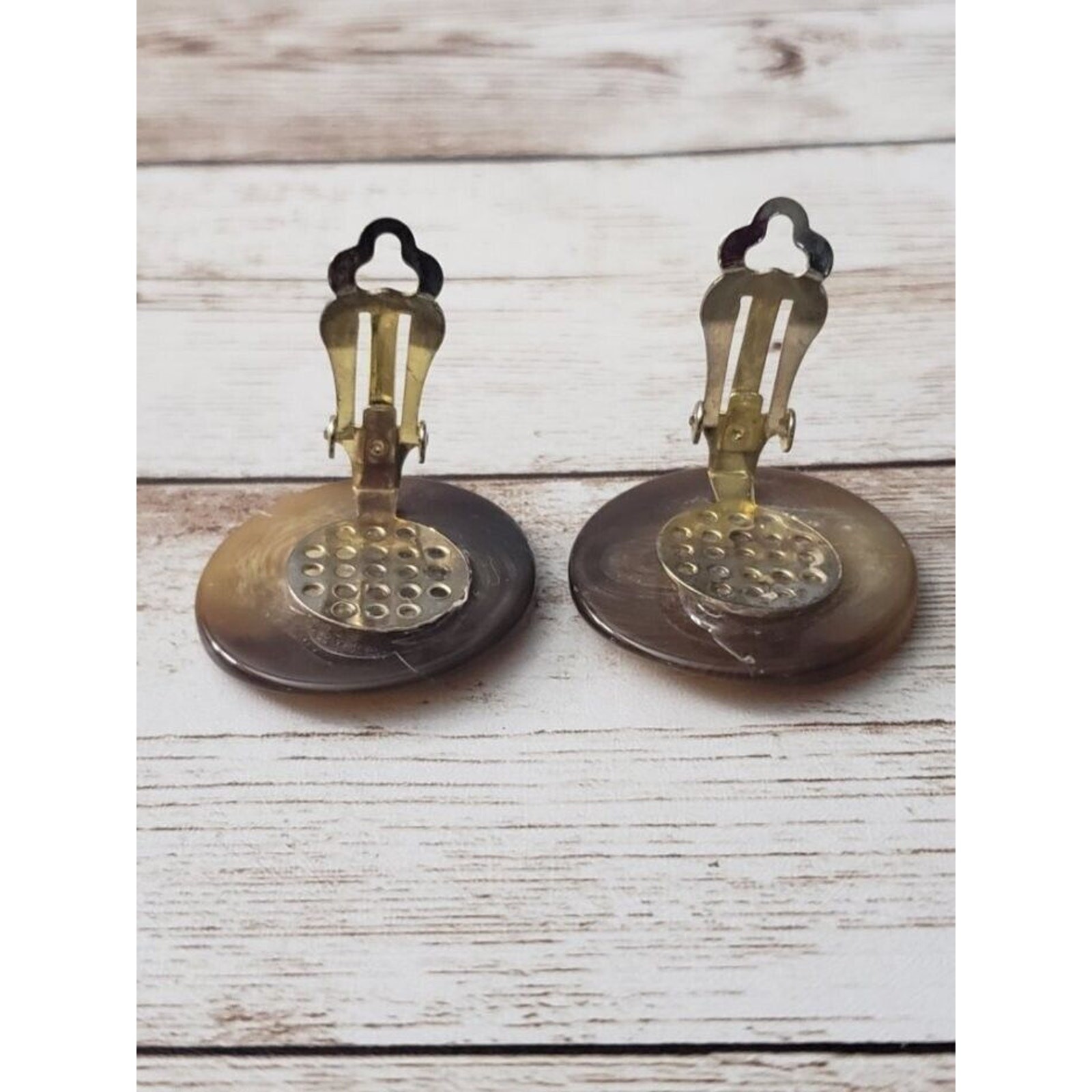 Vintage Clip On Earrings – Circle Shape with Slight Wave Brown Tones