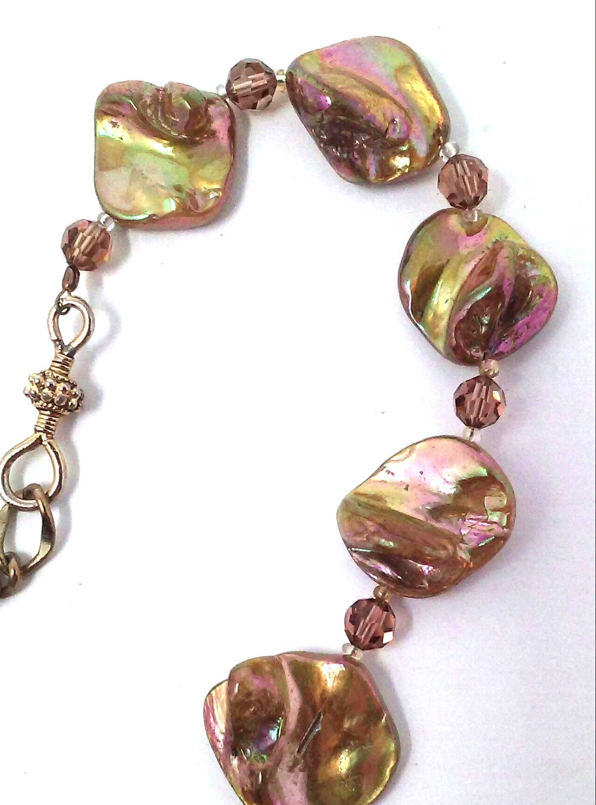 Vtg Golden Brown Dyed Mother of Pearl Boho Choker Necklace with Topaz Crystals
