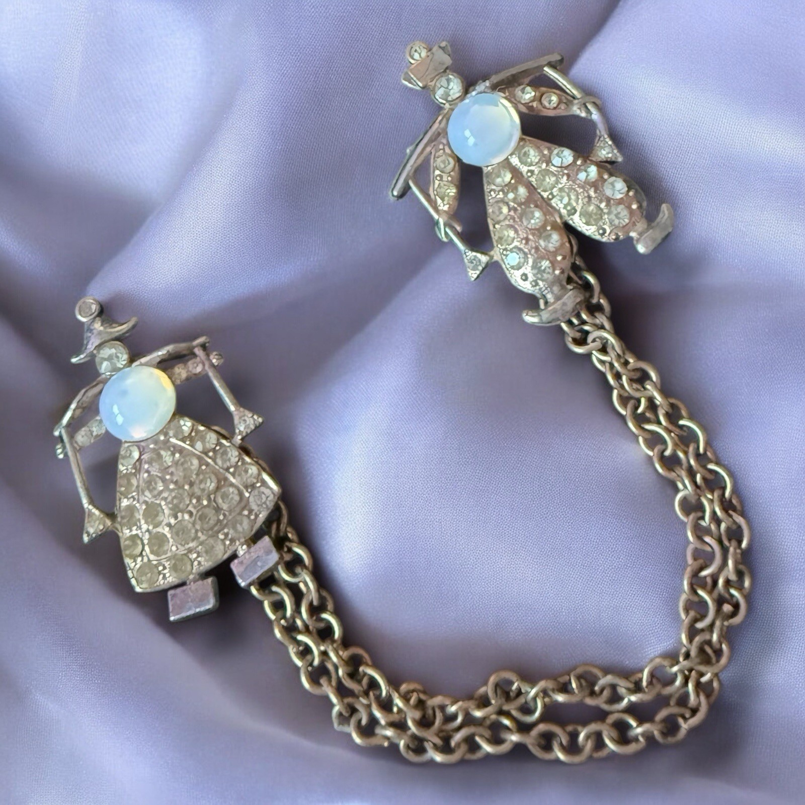 Opaline Glass Chatelaine Brooch Pot Metal Dutch Boy Girl Vintage 1940s