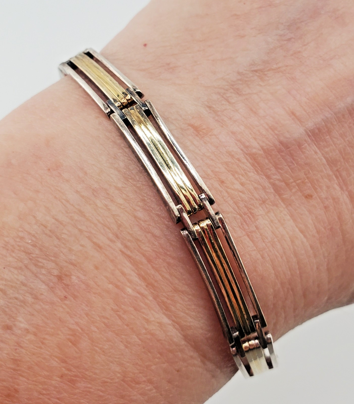 925 KI Two Tone Bar Link Bracelet 7in Unisex Sterling Silver 15g Vermeil Italy