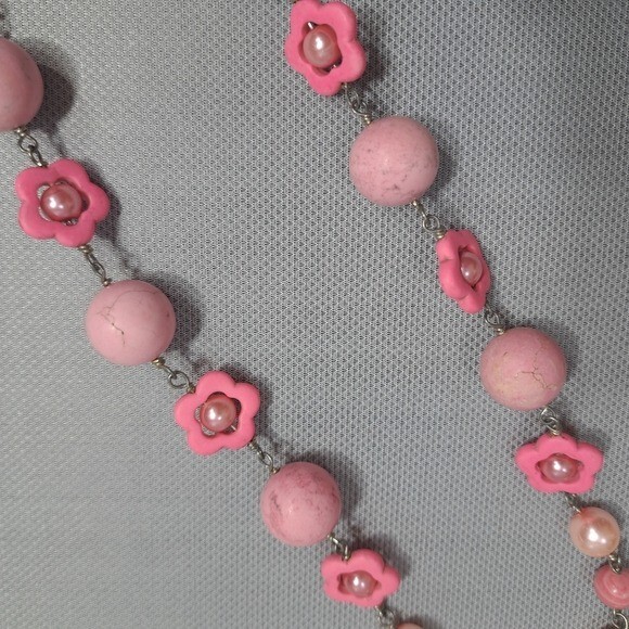 Vintage Handmade Women’s Necklace Pink Cotton Candy Natural Stones, Faux Pearls
