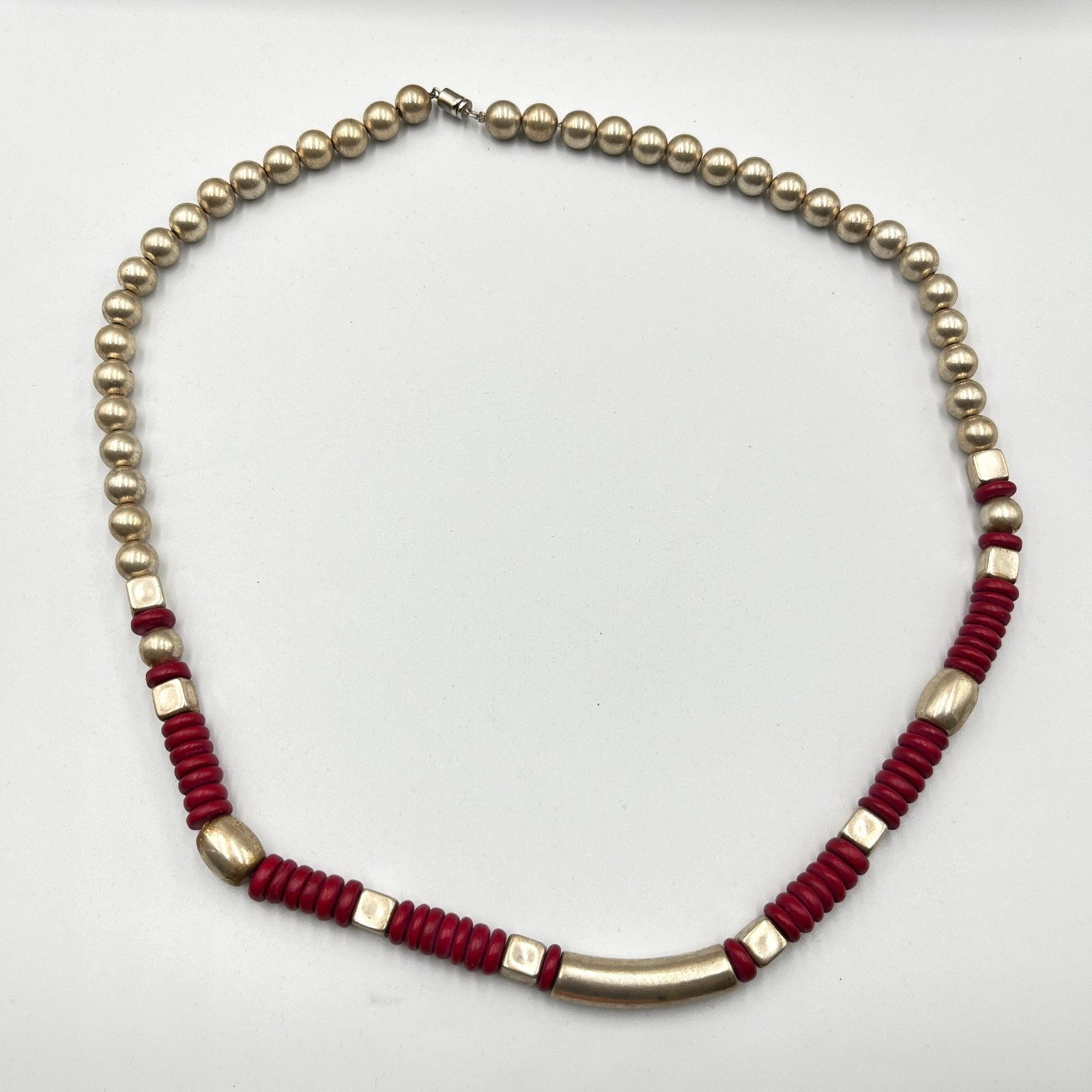 Vintage Southwestern Gold Tone Bead & Red Disc Heishi Statement Necklace Classic