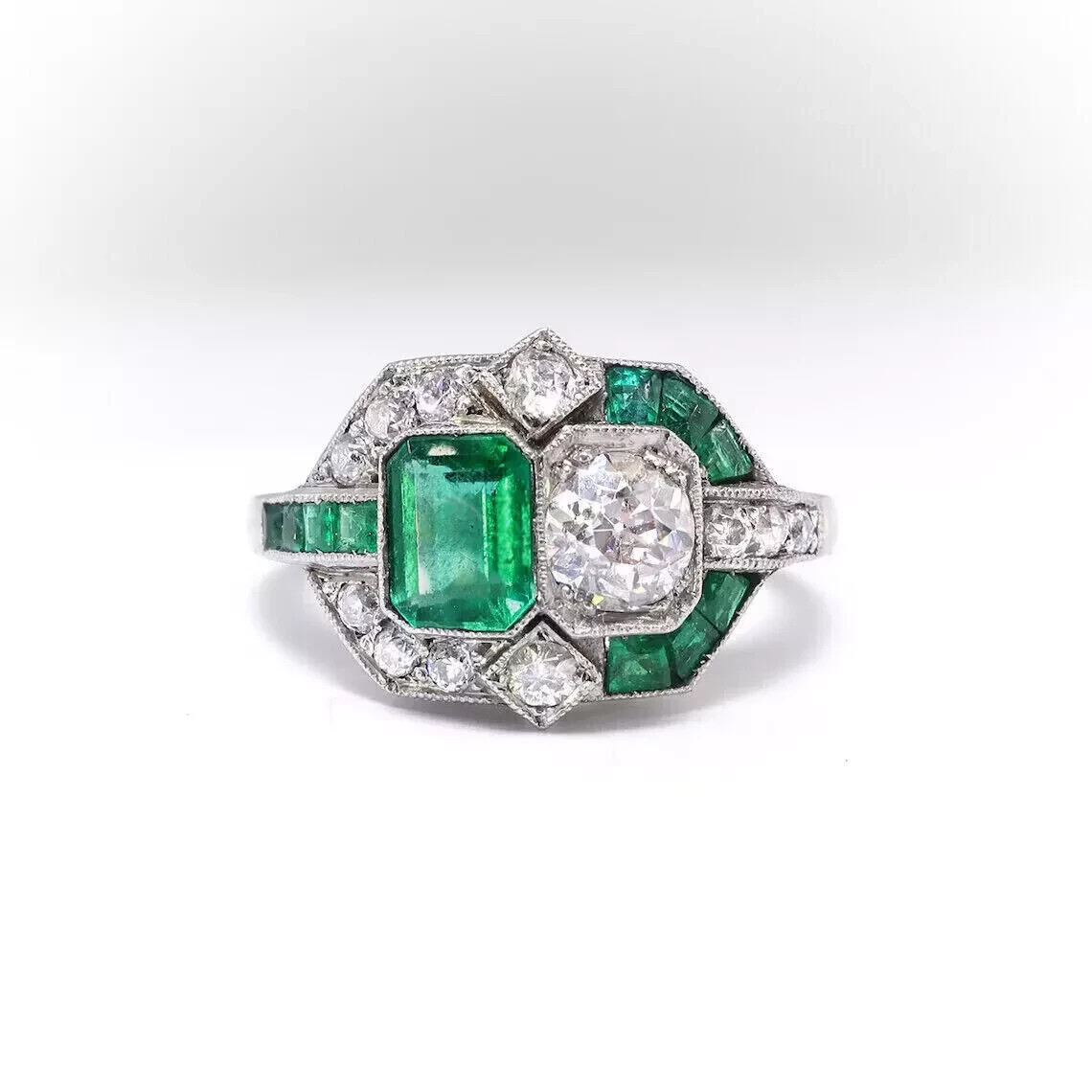 Art Deco Style 4.2Ct Green Lab Created Emerald Engagement 14K White Gold FN Ring