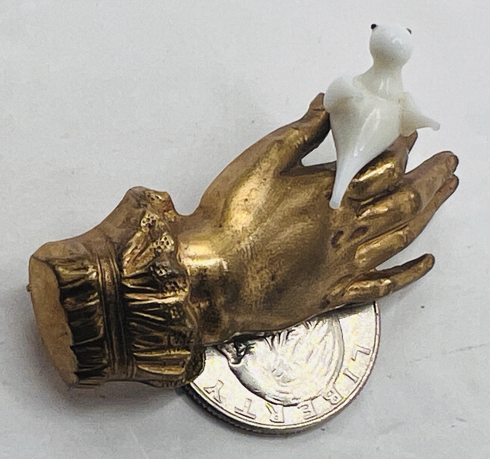 Art Deco Hand Pin / Brooch Holding Milk Glass Bird Figure – France