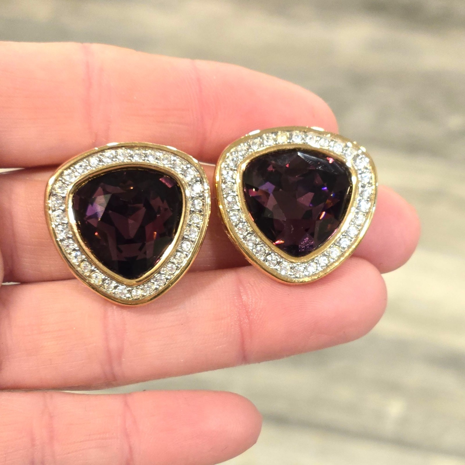 Vintage Swarovski Crystal earrings amethyst colored faceted stones clip on rare