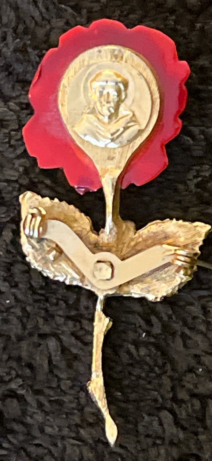 Vintage Estate Goldtone & Red Rose Stem Design Brooch with a face on the back