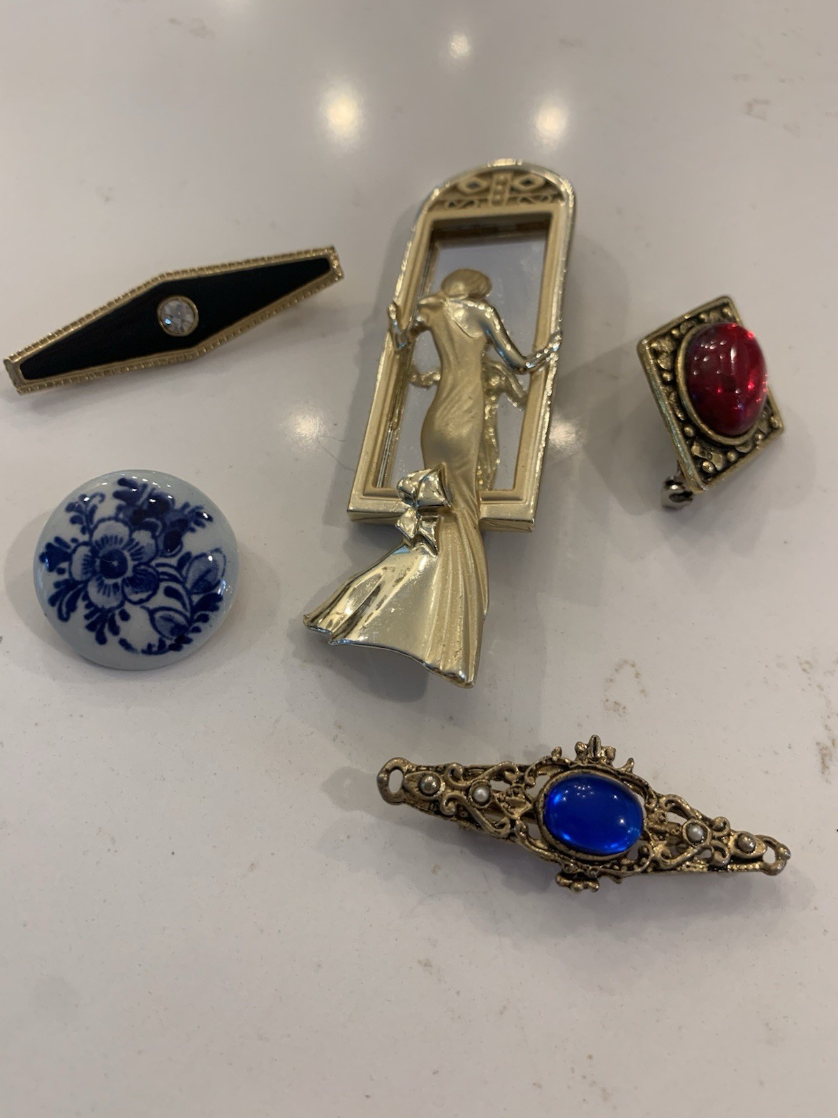 Vintage Brooch Lot, Lady In Mirror, Brass, Blue/ Red Glass, Delft Holland