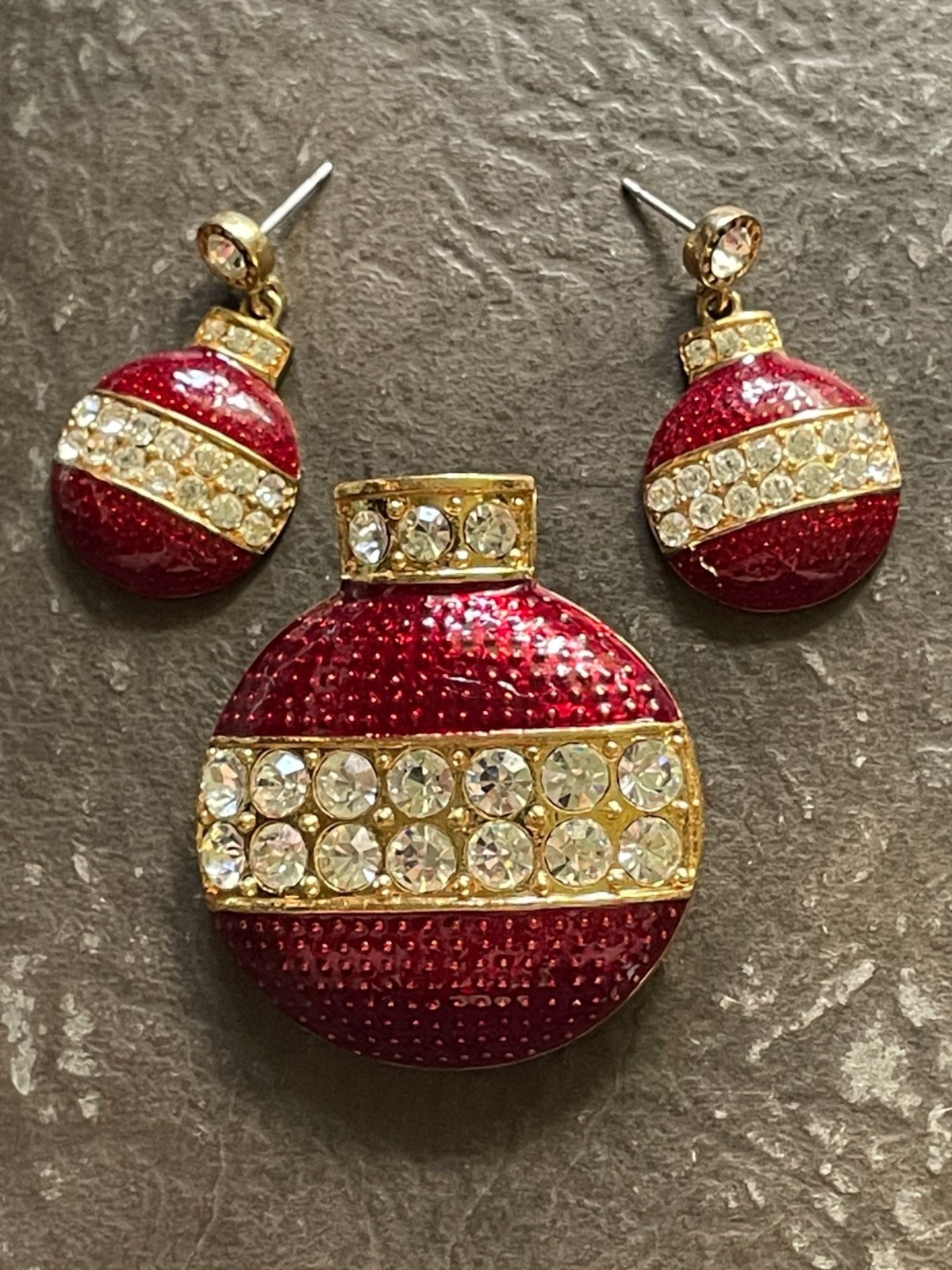 Vintage Eisenberg Ice Christmas Ornament Brooch Earrings Set Red Enamel Pin