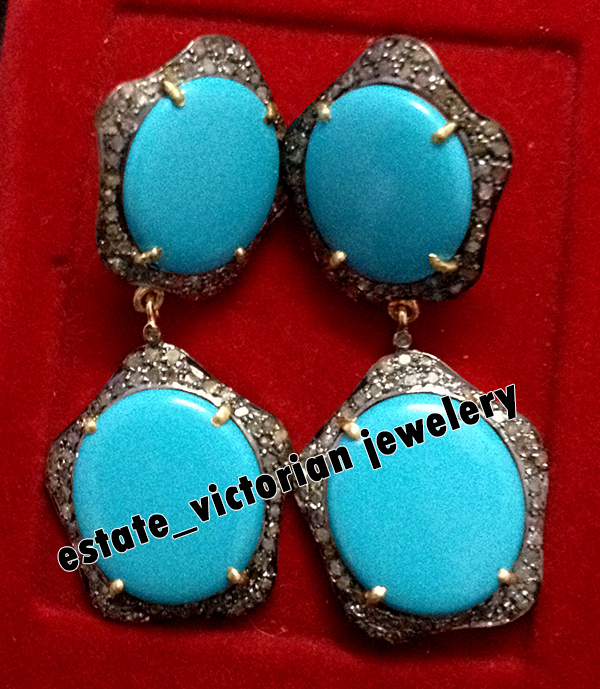 3.40ct Rose Cut Diamond Turquoise Studded Silver Vintage Amazing Earring Jewelry