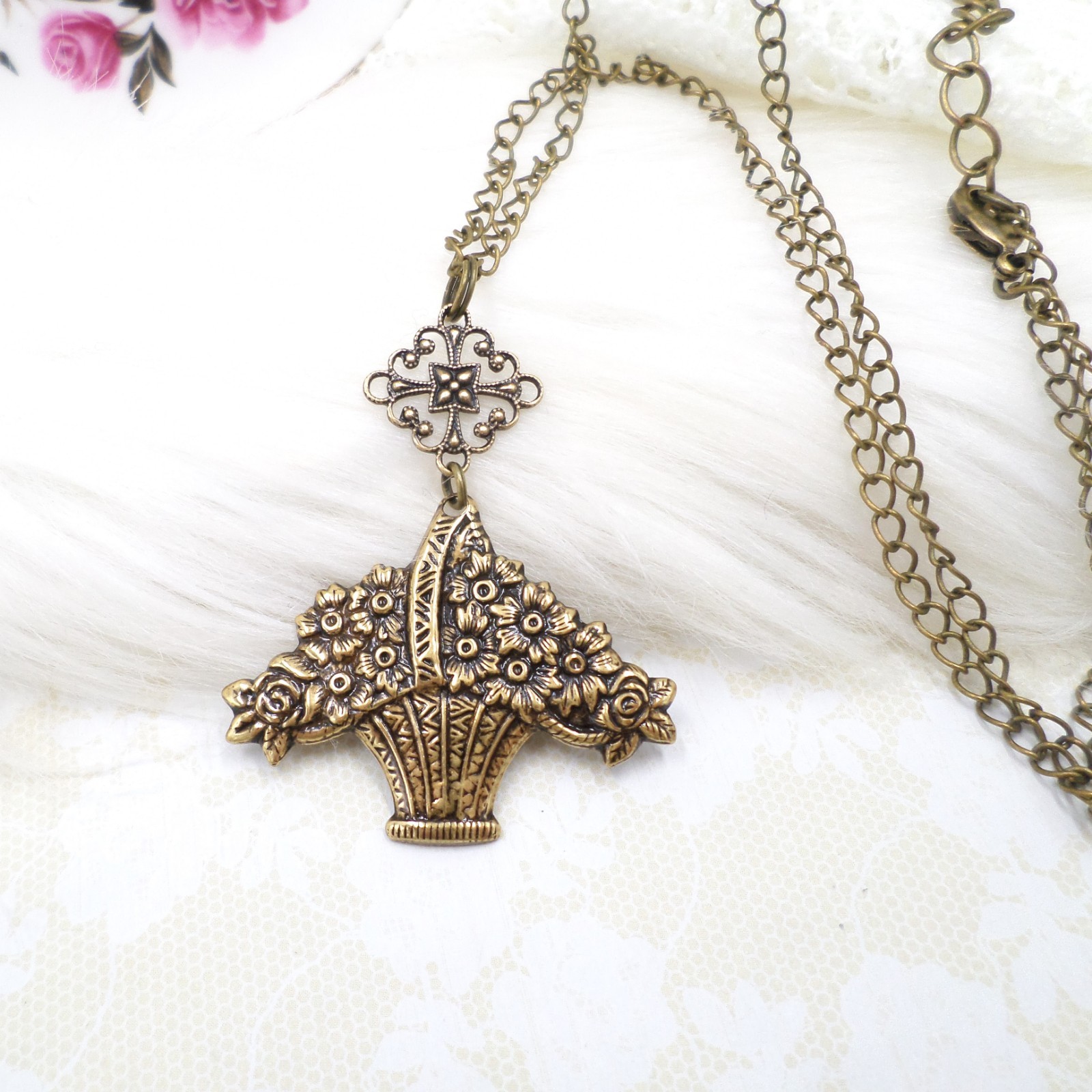 Flower Basket Necklace Antique Brass Handmade Floral Pendant Victorian Style