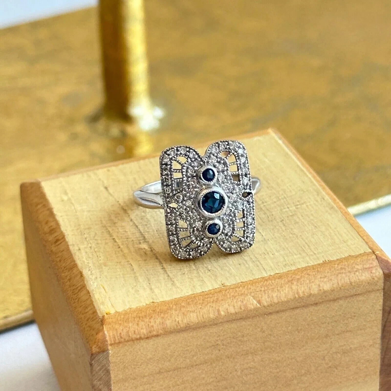 Art Deco Style Filigree Lab Created Sapphire Wedding 14K White Gold Finish Ring