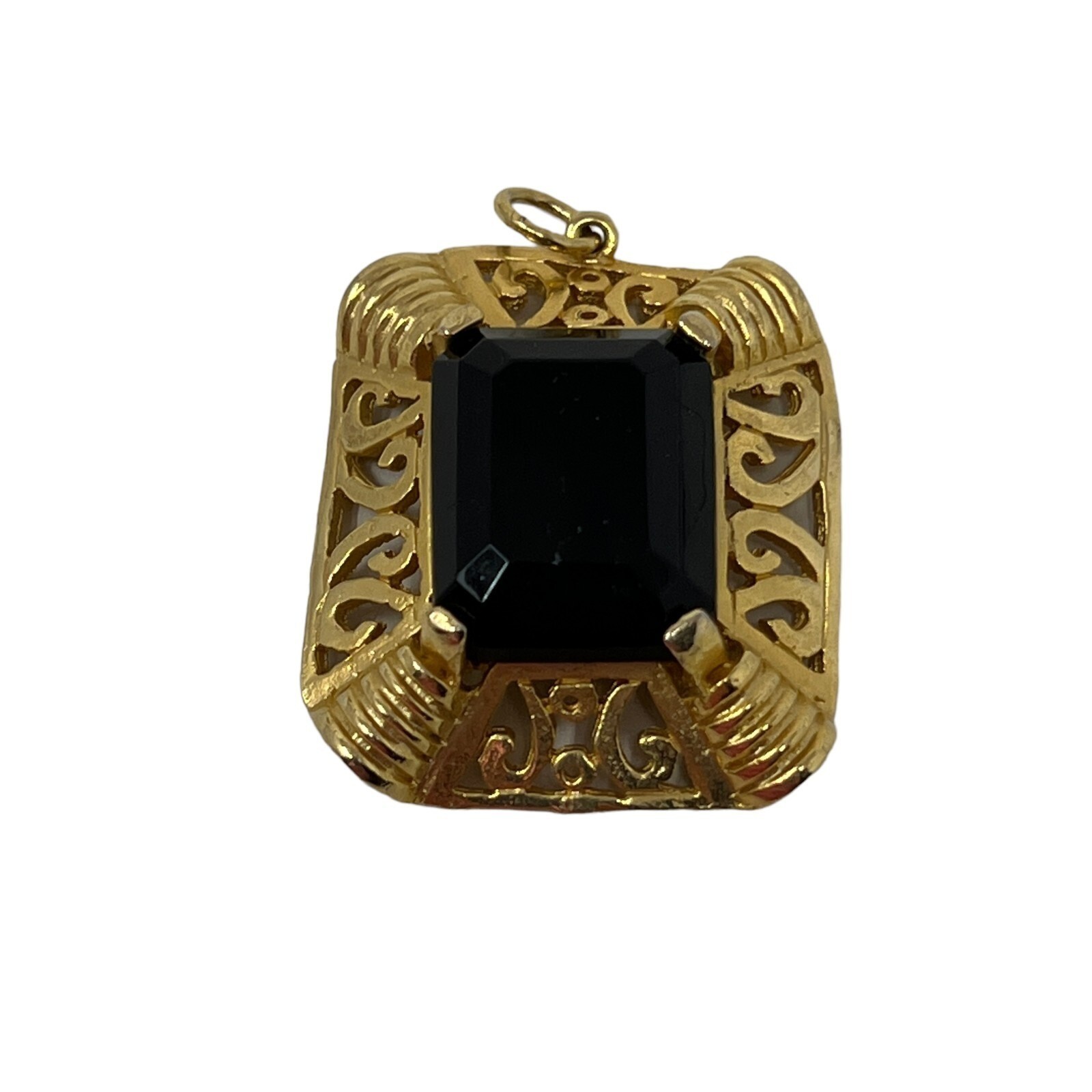 Vintage Edlee Pendant Dark Red Glass Ornate Open Scroll Gold Tone Rectangle