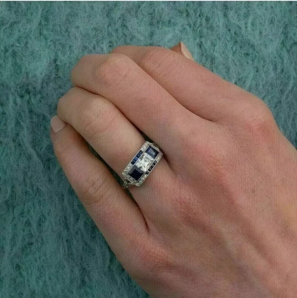 Art Deco Style Lab Created Diamond & Sapphire Engagement Ring 14K White Gold FN